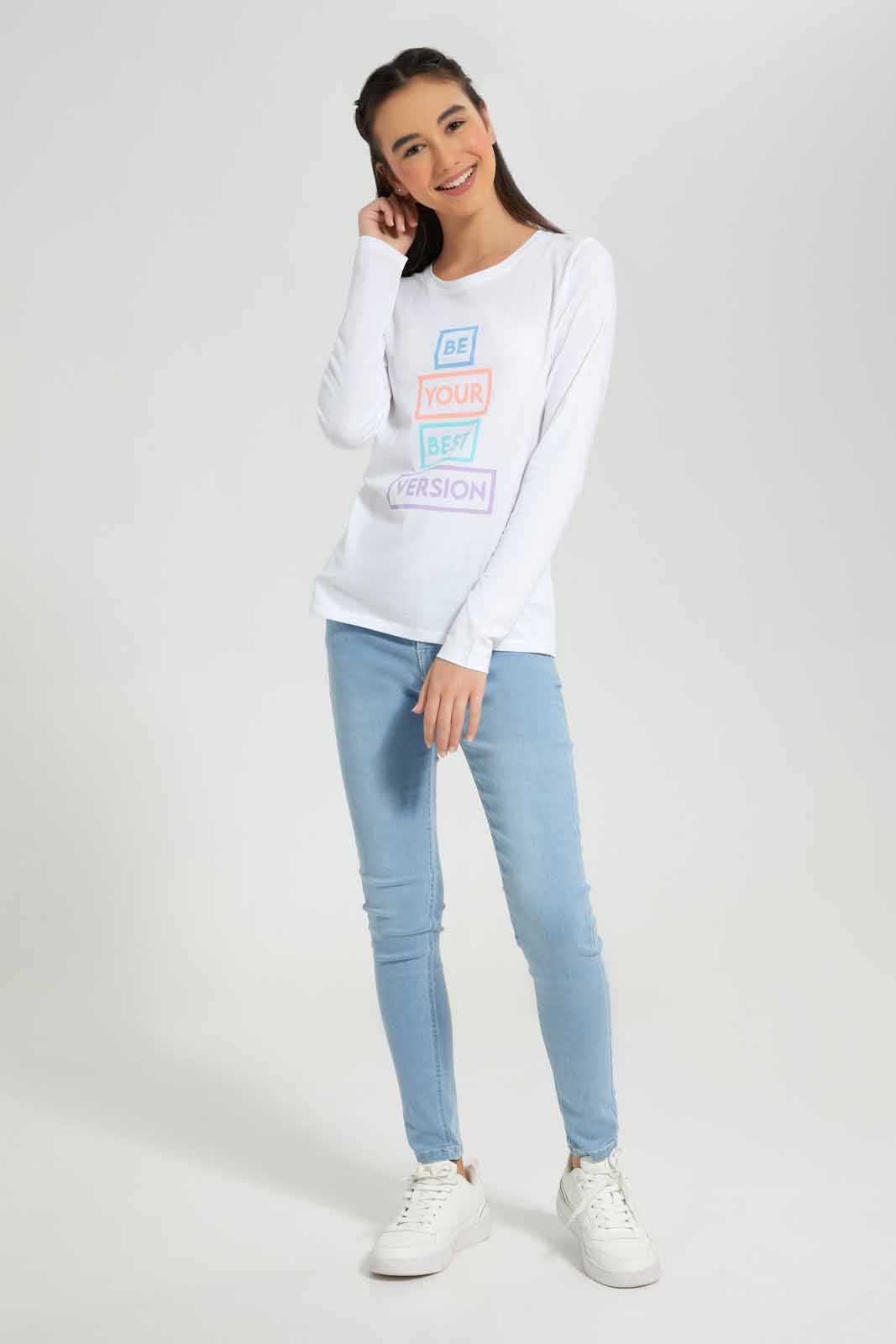 Redtag-L/S-Placement-Print-Top-Category:T-Shirts,-Colour:White,-Deals:New-In,-Filter:Senior-Girls-(8-to-14-Yrs),-GSR-T-Shirts,-New-In-GSR-APL,-Non-Sale,-Section:Girls-(0-to-14Yrs),-TBL,-W22B-Senior-Girls-9 to 14 Years