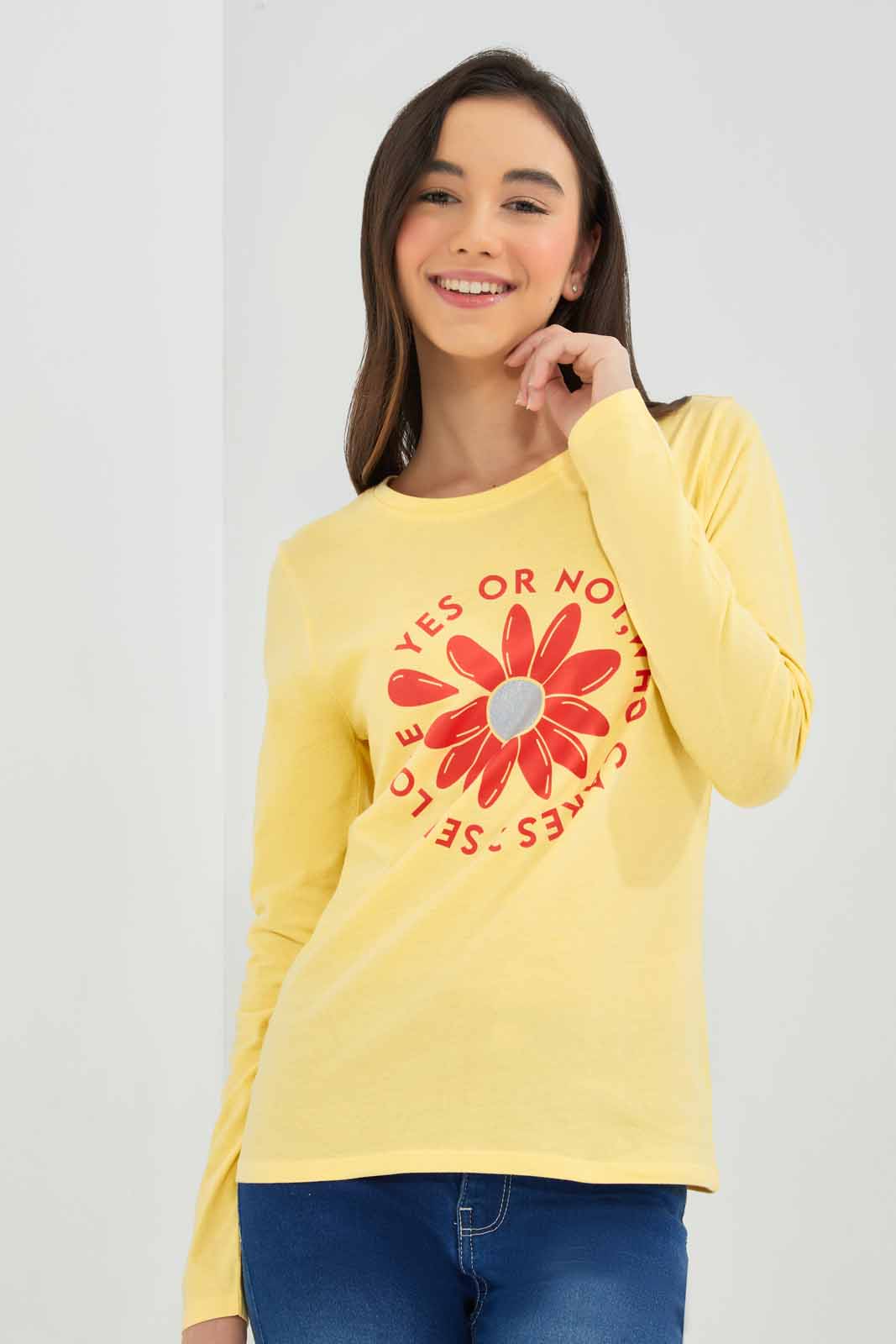 Redtag-L/S-Placement-Print-Top-Category:T-Shirts,-Colour:Yellow,-Deals:New-In,-Filter:Senior-Girls-(8-to-14-Yrs),-GSR-T-Shirts,-New-In-GSR-APL,-Non-Sale,-Section:Girls-(0-to-14Yrs),-TBL,-W22B-Senior-Girls-9 to 14 Years