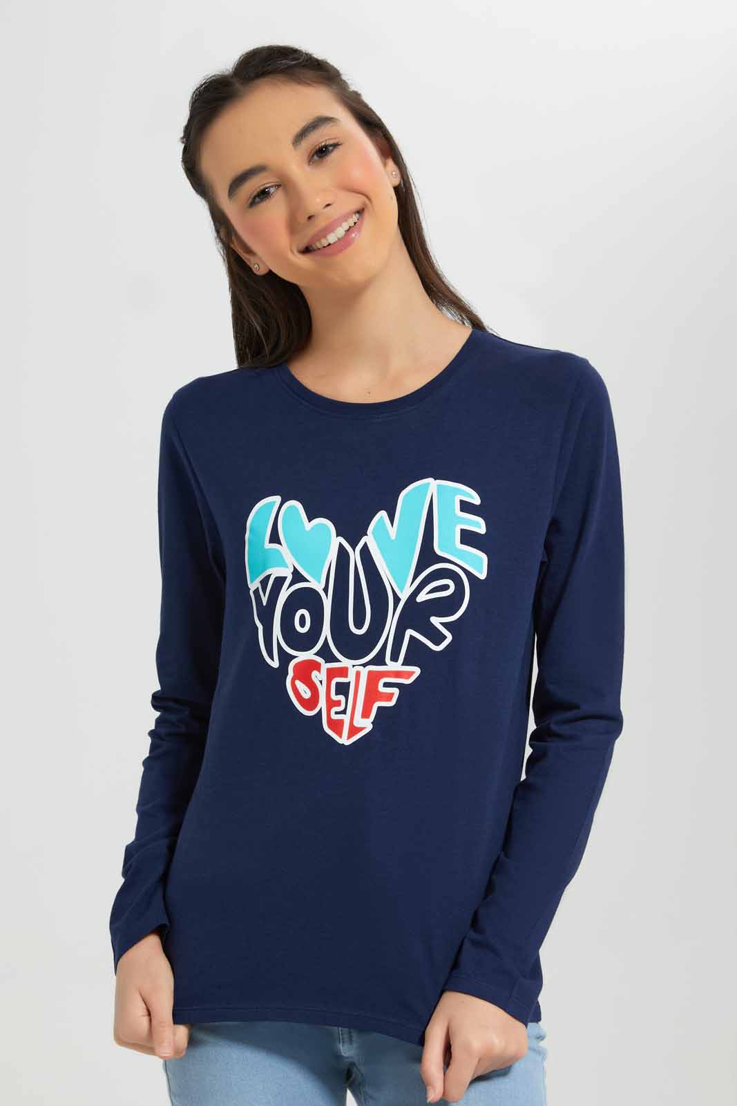 Redtag-L/S-Placement-Print-Top-Category:T-Shirts,-Colour:Navy,-Deals:New-In,-Filter:Senior-Girls-(8-to-14-Yrs),-GSR-T-Shirts,-New-In-GSR-APL,-Non-Sale,-Section:Girls-(0-to-14Yrs),-TBL,-W22B-Senior-Girls-9 to 14 Years