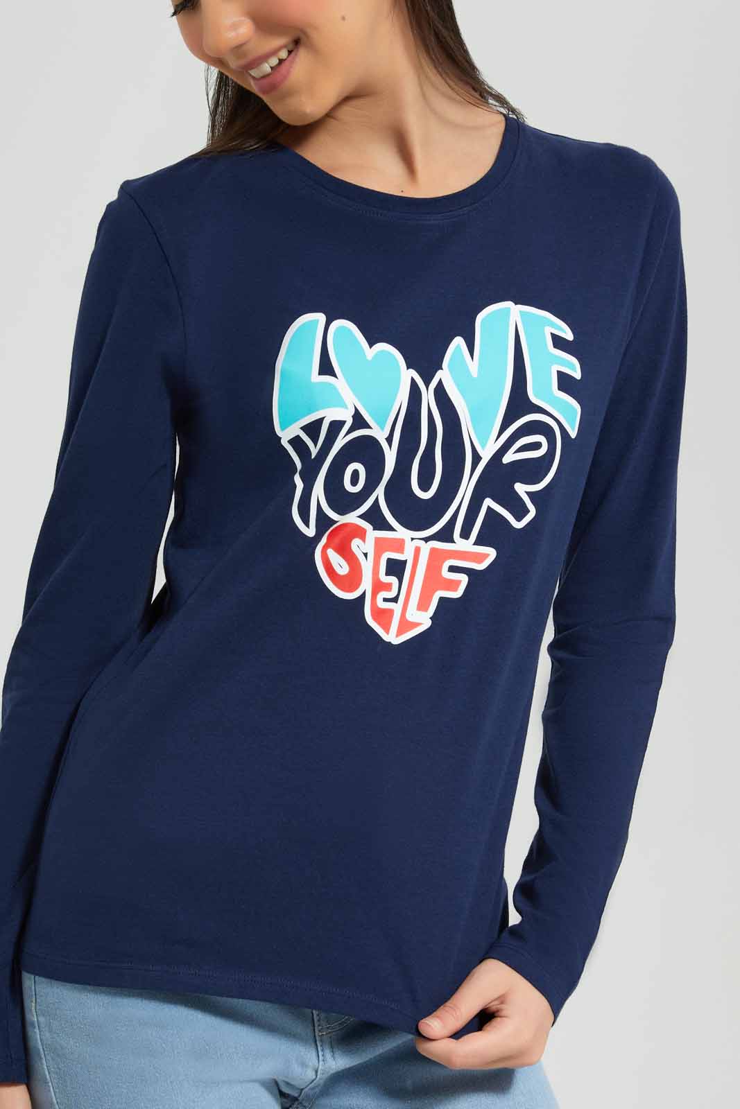 Redtag-L/S-Placement-Print-Top-Category:T-Shirts,-Colour:Navy,-Deals:New-In,-Filter:Senior-Girls-(8-to-14-Yrs),-GSR-T-Shirts,-New-In-GSR-APL,-Non-Sale,-Section:Girls-(0-to-14Yrs),-TBL,-W22B-Senior-Girls-9 to 14 Years
