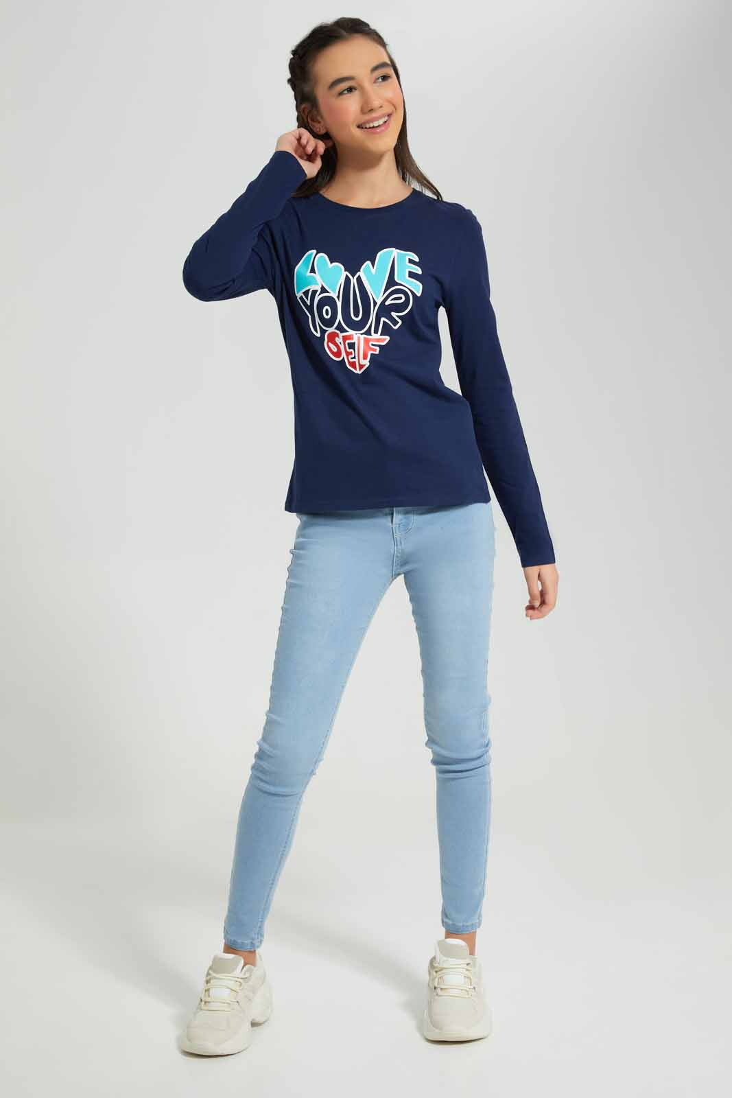 Redtag-L/S-Placement-Print-Top-Category:T-Shirts,-Colour:Navy,-Deals:New-In,-Filter:Senior-Girls-(8-to-14-Yrs),-GSR-T-Shirts,-New-In-GSR-APL,-Non-Sale,-Section:Girls-(0-to-14Yrs),-TBL,-W22B-Senior-Girls-9 to 14 Years