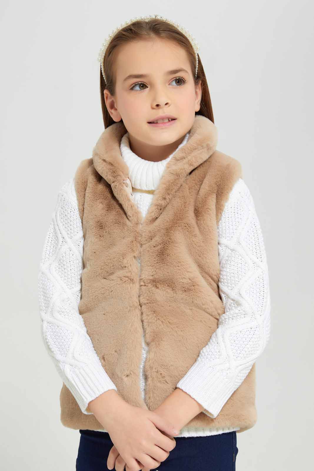 Redtag-Beige-Rabbit-Faux-Fur-Jacket-Category:Jackets,-Colour:Beige,-Deals:New-In,-EHW,-Filter:Girls-(2-to-8-Yrs),-GIR-Jackets,-New-In-GIR-APL,-Non-Sale,-Section:Girls-(0-to-14Yrs),-W22B-Girls-2 to 8 Years