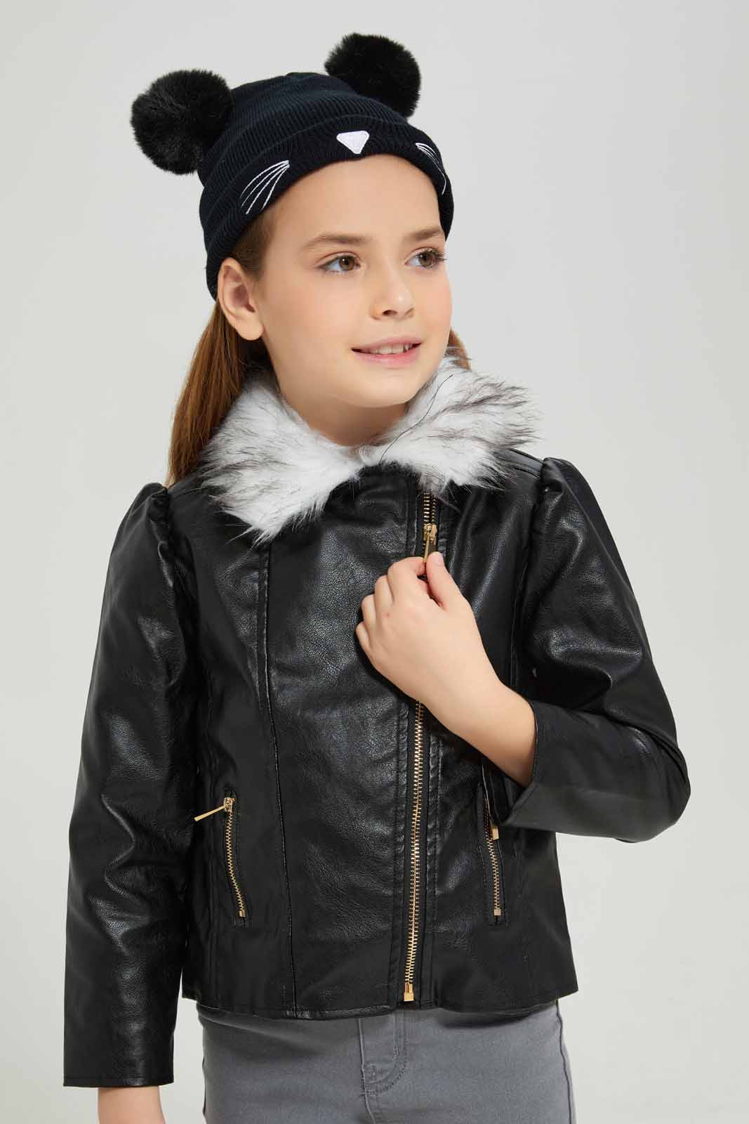 Redtag-Black-PU-Biker-Jacket-With-Fur-Collar-Category:Jackets,-Colour:Black,-Deals:New-In,-Dept:Girls,-EHW,-Filter:Girls-(2-to-8-Yrs),-GIR-Jackets,-New-In-GIR-APL,-Non-Sale,-Section:Girls-(0-to-14Yrs),-W22B-Girls-2 to 8 Years