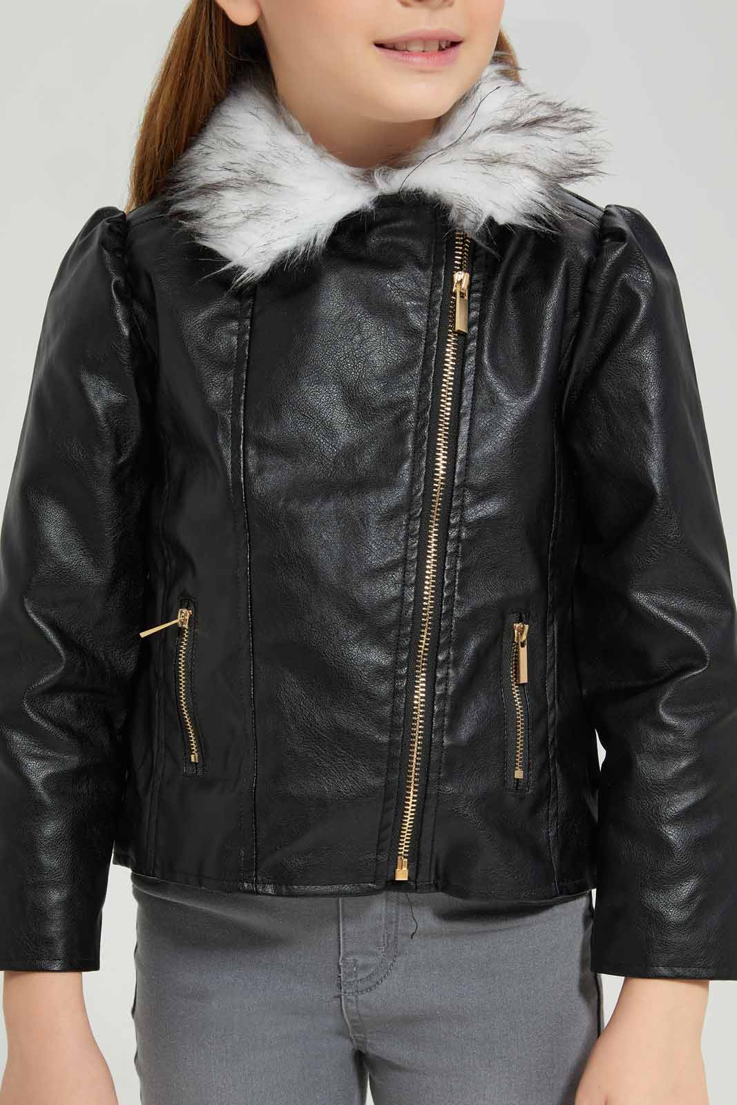 Redtag-Black-PU-Biker-Jacket-With-Fur-Collar-Category:Jackets,-Colour:Black,-Deals:New-In,-Dept:Girls,-EHW,-Filter:Girls-(2-to-8-Yrs),-GIR-Jackets,-New-In-GIR-APL,-Non-Sale,-Section:Girls-(0-to-14Yrs),-W22B-Girls-2 to 8 Years