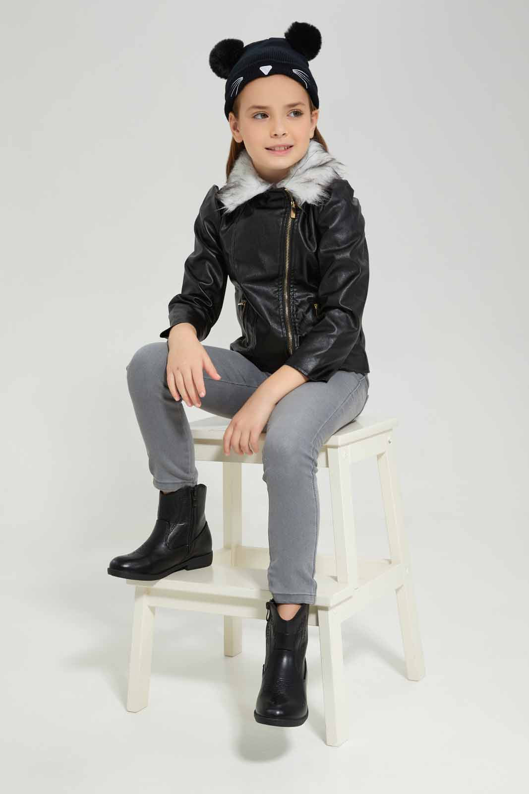 Redtag-Black-PU-Biker-Jacket-With-Fur-Collar-Category:Jackets,-Colour:Black,-Deals:New-In,-Dept:Girls,-EHW,-Filter:Girls-(2-to-8-Yrs),-GIR-Jackets,-New-In-GIR-APL,-Non-Sale,-Section:Girls-(0-to-14Yrs),-W22B-Girls-2 to 8 Years