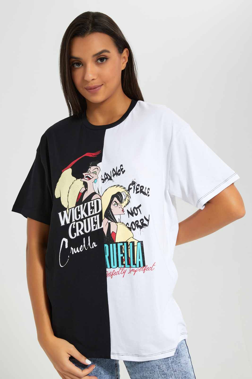 Redtag-Assorted-Cruella-Oversized-Spliced-T-shirt-Category:T-Shirts,-Colour:Assorted,-Deals:New-In,-Filter:Women's-Clothing,-New-In-Women-APL,-Non-Sale,-Section:Women,-W22A,-Women-T-Shirts-Women's-
