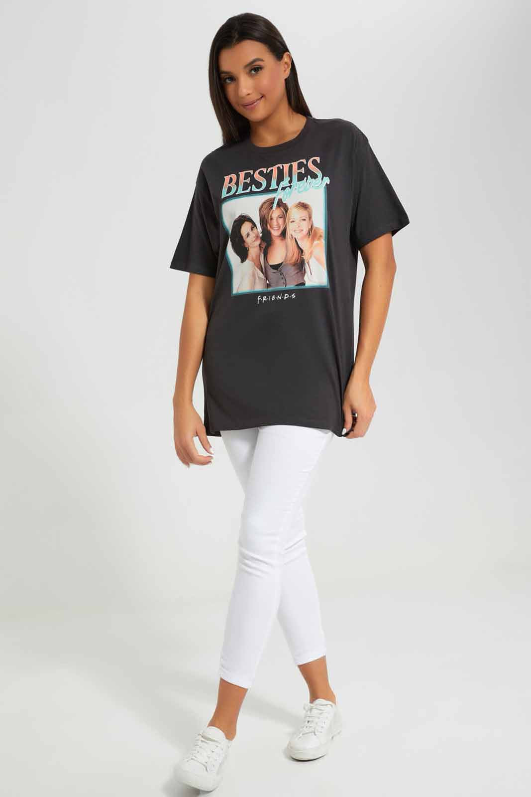 Redtag-Charcoal-Friends-Oversized-Gringe-T-shirt-Category:T-Shirts,-Colour:Charcoal,-Deals:New-In,-Filter:Women's-Clothing,-New-In-Women-APL,-Non-Sale,-Section:Women,-W22A,-Women-T-Shirts-Women's-