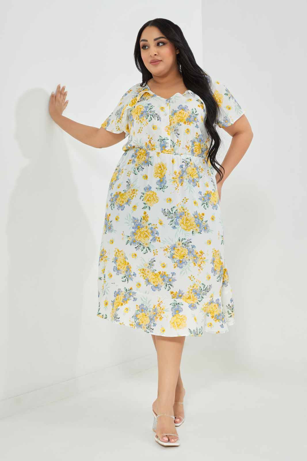 Redtag-Ivory/Yellow-Floral-Printed-Dress-Category:Dresses,-Colour:Assorted,-Deals:New-In,-Filter:Plus-Size,-LDP-Dresses,-New-In-LDP-APL,-Non-Sale,-Section:Women,-W22A-Women's-