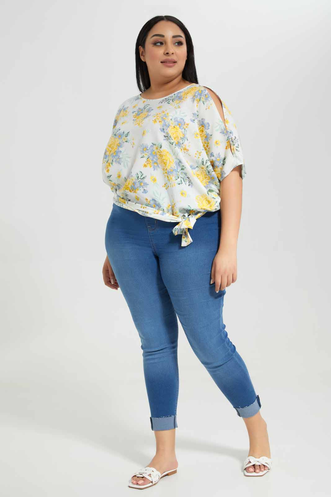 Redtag-Ivory/Yellow-Floral-Printed-Tie-Hem-detail-Blouse-Category:Blouses,-Colour:Assorted,-Deals:New-In,-Filter:Plus-Size,-LDP-Blouses,-New-In-LDP-APL,-Non-Sale,-Section:Women,-W22A-Women's-