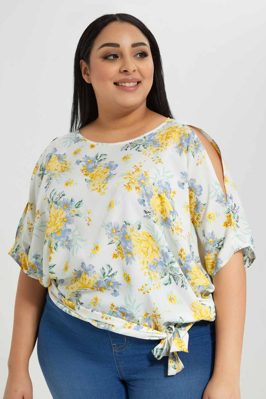 Redtag-Ivory/Yellow-Floral-Printed-Tie-Hem-detail-Blouse-Category:Blouses,-Colour:Assorted,-Deals:New-In,-Filter:Plus-Size,-LDP-Blouses,-New-In-LDP-APL,-Non-Sale,-Section:Women,-W22A-Women's-