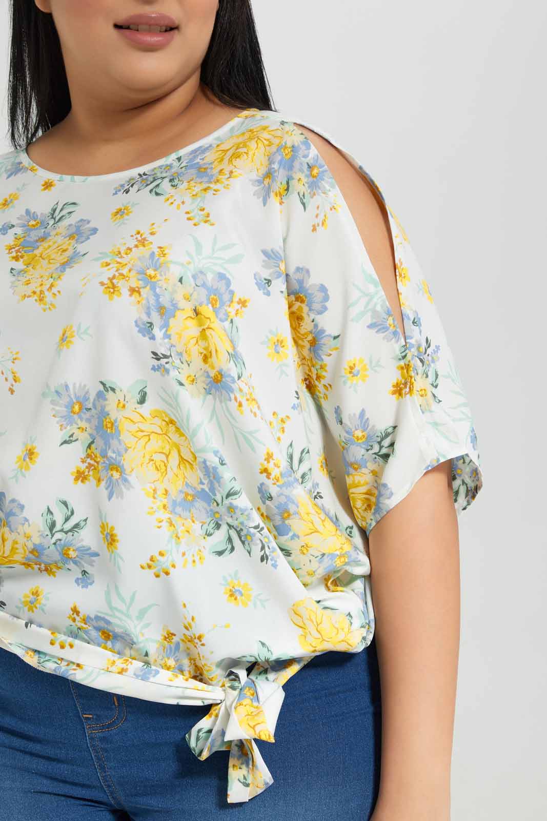 Redtag-Ivory/Yellow-Floral-Printed-Tie-Hem-detail-Blouse-Category:Blouses,-Colour:Assorted,-Deals:New-In,-Filter:Plus-Size,-LDP-Blouses,-New-In-LDP-APL,-Non-Sale,-Section:Women,-W22A-Women's-