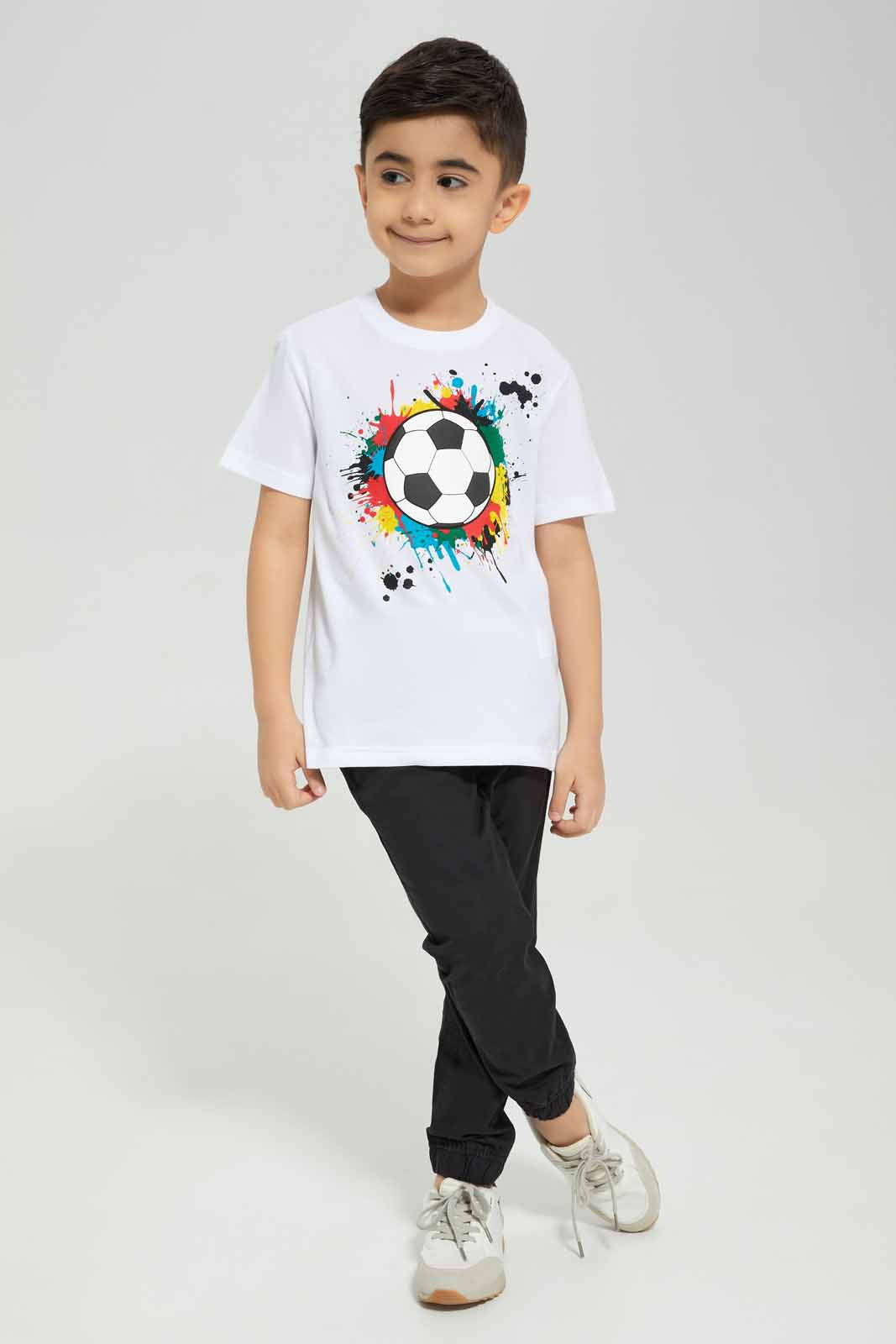 Redtag-White-Football-Print-T-Shirt-BOY-T-Shirts,-BTS,-Category:T-Shirts,-Colour:White,-Deals:New-In,-Filter:Boys-(2-to-8-Yrs),-New-In-BOY-APL,-Non-Sale,-Section:Boys-(0-to-14Yrs),-W22B-Boys-2 to 8 Years