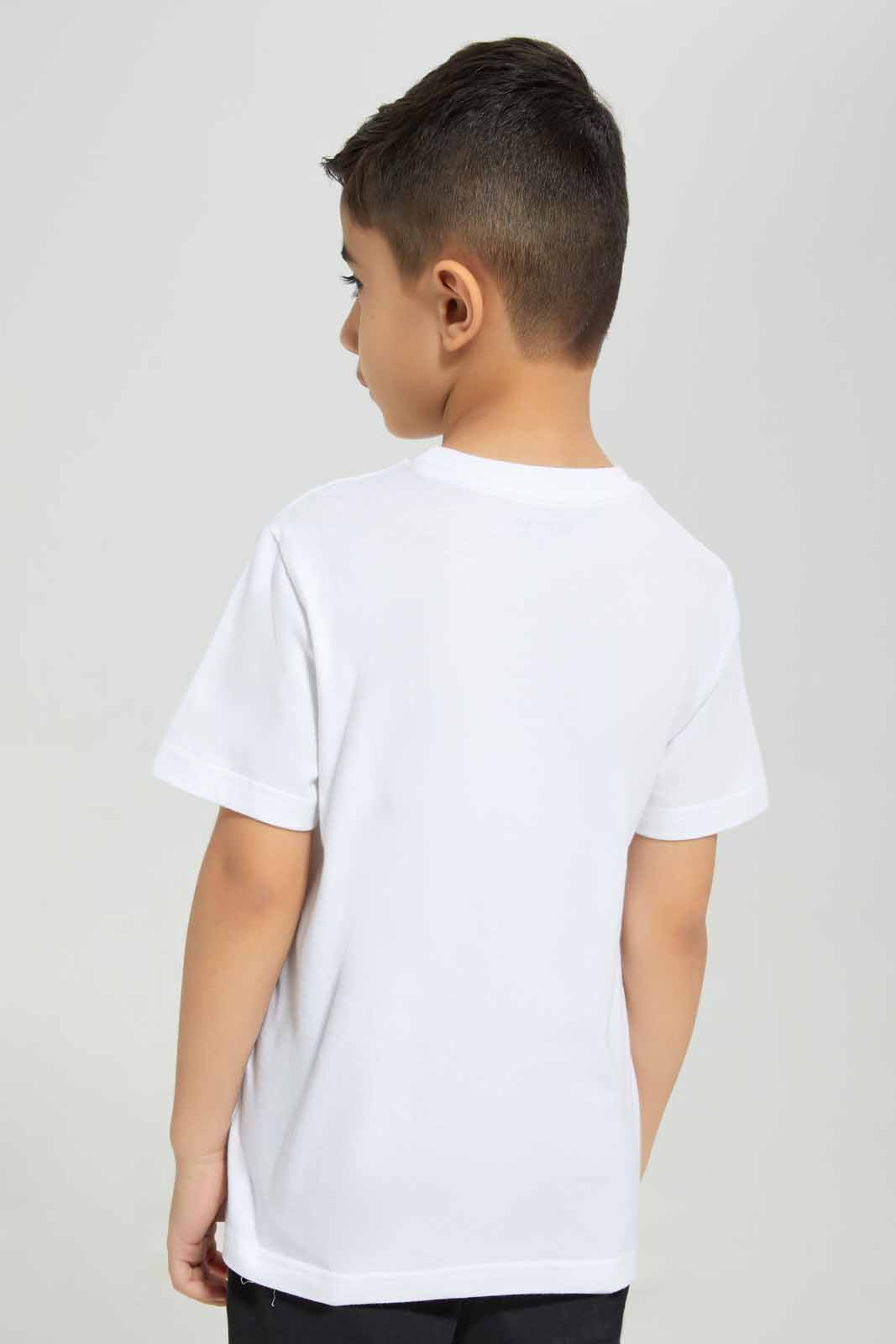 Redtag-White-Football-Print-T-Shirt-BOY-T-Shirts,-BTS,-Category:T-Shirts,-Colour:White,-Deals:New-In,-Filter:Boys-(2-to-8-Yrs),-New-In-BOY-APL,-Non-Sale,-Section:Boys-(0-to-14Yrs),-W22B-Boys-2 to 8 Years