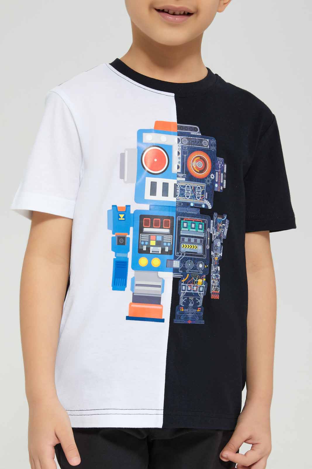 Redtag-Black-Paneled-Robot-Print-T-Shirt-BOY-T-Shirts,-BTS,-Category:T-Shirts,-Colour:Black,-Deals:New-In,-Filter:Boys-(2-to-8-Yrs),-New-In-BOY-APL,-Non-Sale,-Section:Boys-(0-to-14Yrs),-W22B-Boys-2 to 8 Years
