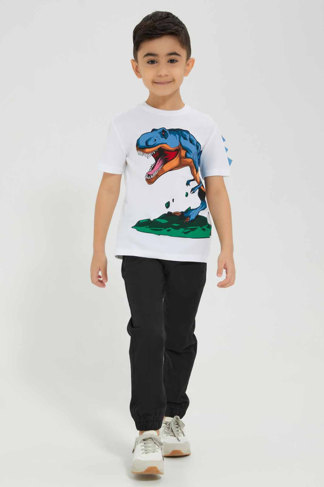 Redtag-White-Dino-Print-T-Shirt-BOY-T-Shirts,-BTS,-Category:T-Shirts,-Colour:White,-Deals:New-In,-Filter:Boys-(2-to-8-Yrs),-New-In-BOY-APL,-Non-Sale,-Section:Boys-(0-to-14Yrs),-W22B-Boys-2 to 8 Years