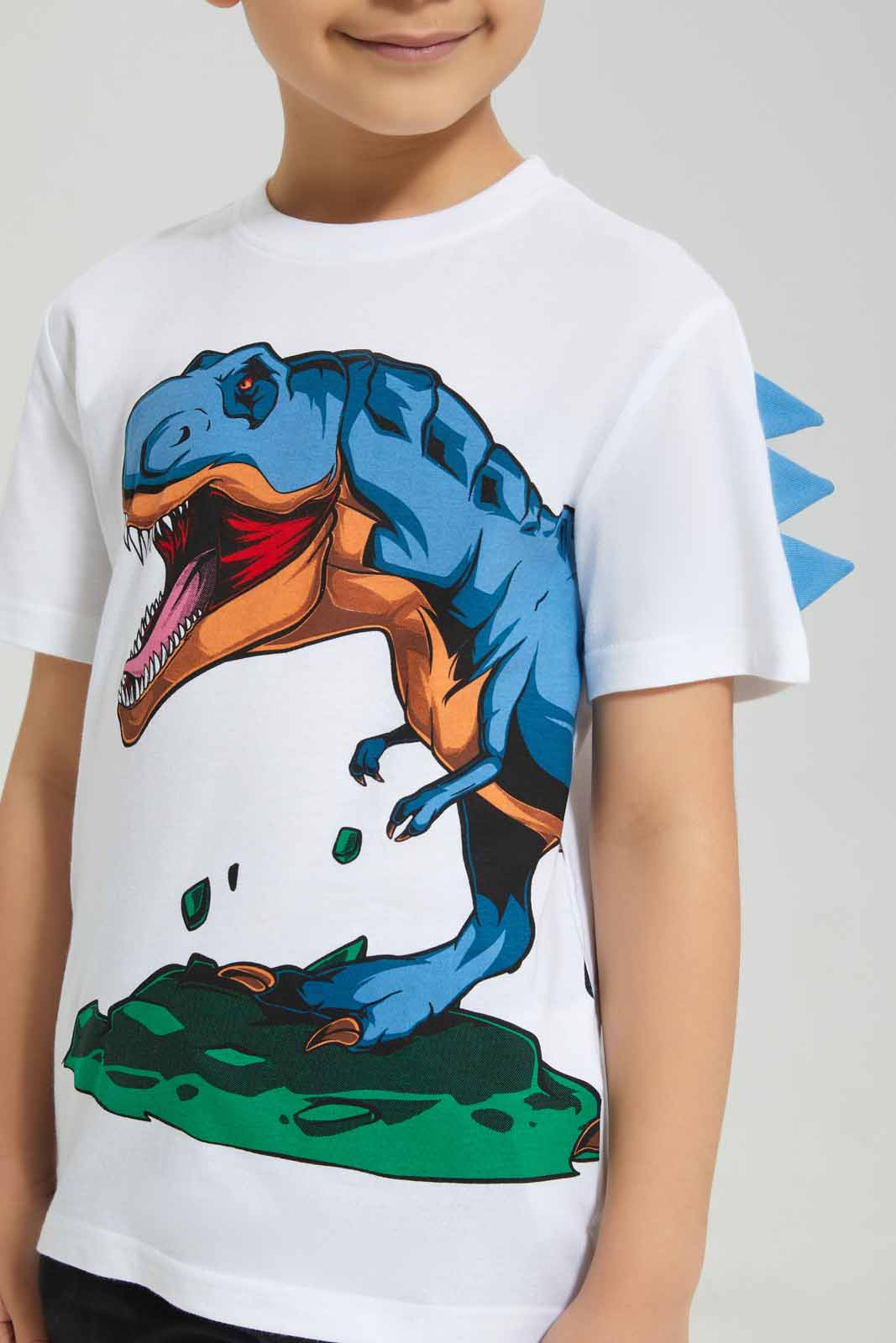 Redtag-White-Dino-Print-T-Shirt-BOY-T-Shirts,-BTS,-Category:T-Shirts,-Colour:White,-Deals:New-In,-Filter:Boys-(2-to-8-Yrs),-New-In-BOY-APL,-Non-Sale,-Section:Boys-(0-to-14Yrs),-W22B-Boys-2 to 8 Years