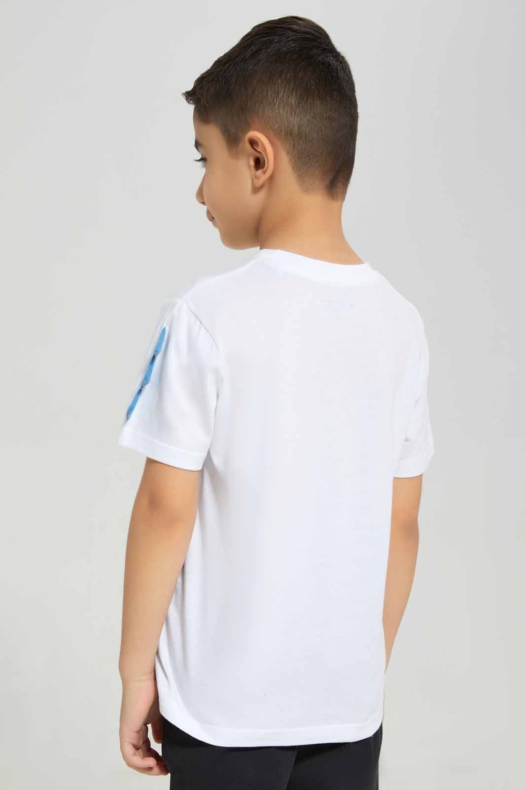 Redtag-White-Dino-Print-T-Shirt-BOY-T-Shirts,-BTS,-Category:T-Shirts,-Colour:White,-Deals:New-In,-Filter:Boys-(2-to-8-Yrs),-New-In-BOY-APL,-Non-Sale,-Section:Boys-(0-to-14Yrs),-W22B-Boys-2 to 8 Years