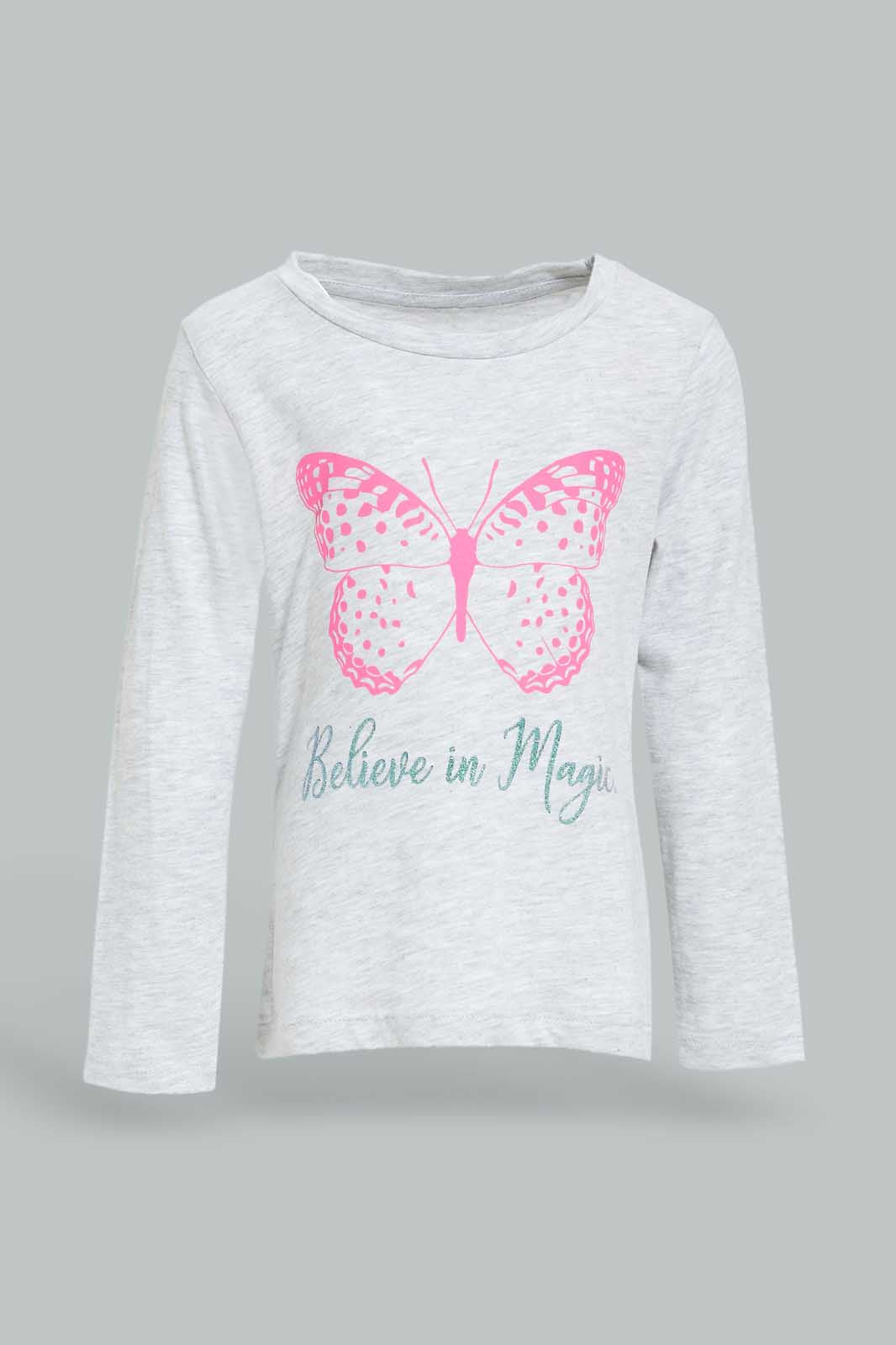 Redtag-Grey-Melange-Placement-Print-T--Shirt-Category:T-Shirts,-Colour:Grey,-Deals:New-In,-Dept:Girls,-Filter:Infant-Girls-(3-to-24-Mths),-ING-T-Shirts,-New-In-ING-APL,-Non-Sale,-Section:Girls-(0-to-14Yrs),-TBL,-W22B-Infant-Girls-3 to 24 Months