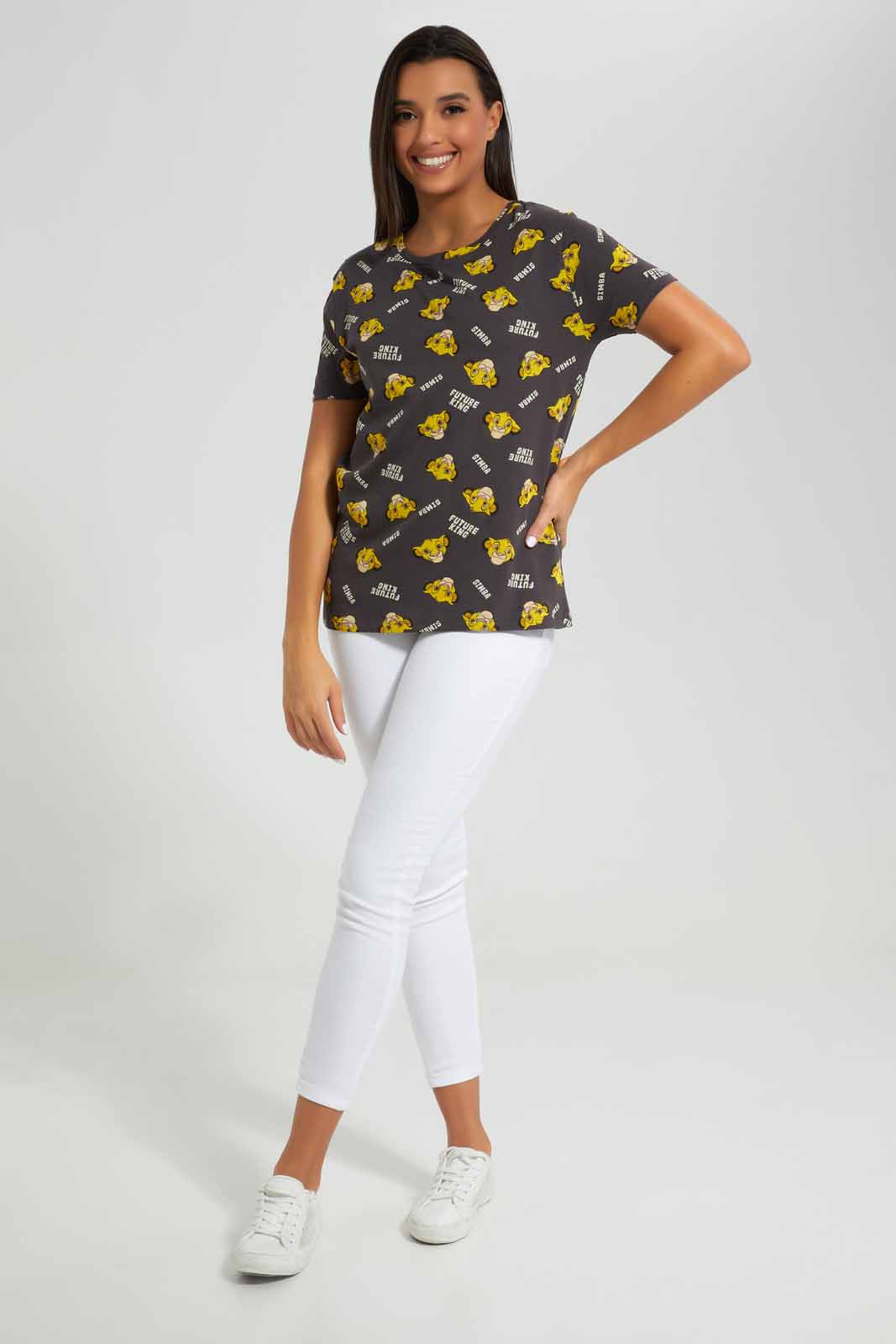 Redtag-Simba-All-Over-Print-T-Shirt-Category:T-Shirts,-Colour:Charcoal,-Deals:New-In,-Filter:Women's-Clothing,-New-In-Women-APL,-Non-Sale,-Section:Women,-W22A,-Women-T-Shirts-Women's-