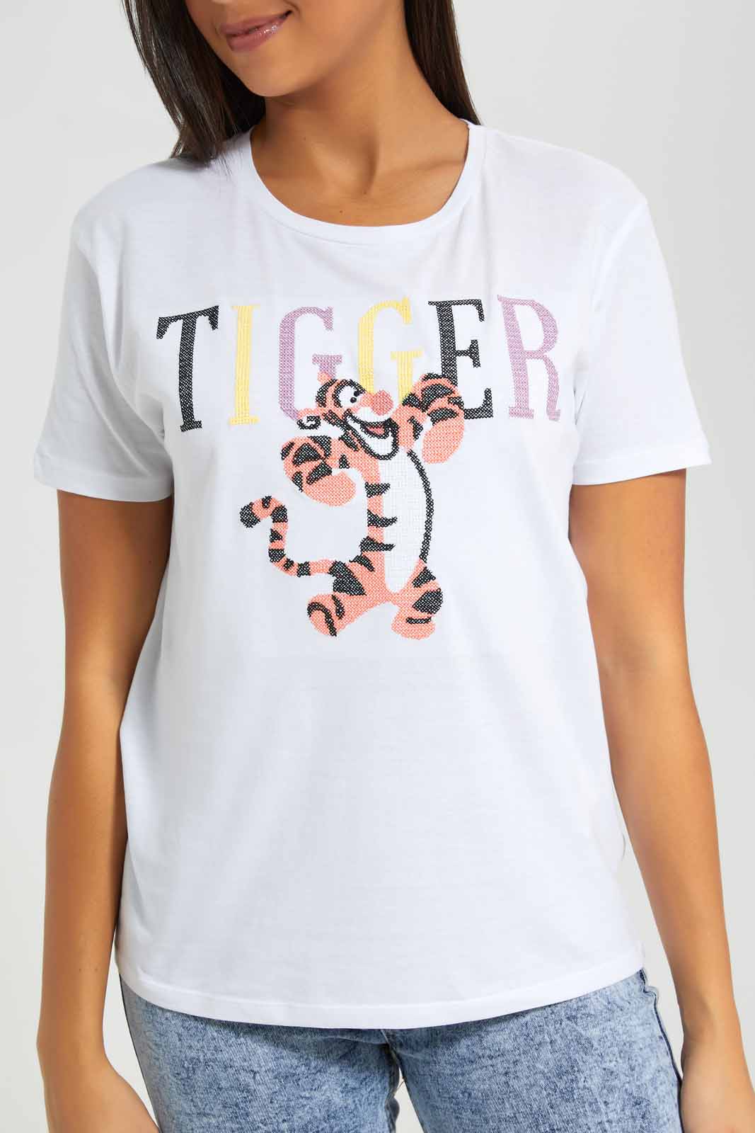 Redtag-White-Tiger-Embroidered-T-Shirt-Category:T-Shirts,-Colour:White,-Deals:New-In,-Filter:Women's-Clothing,-New-In-Women-APL,-Non-Sale,-Section:Women,-W22A,-Women-T-Shirts-Women's-