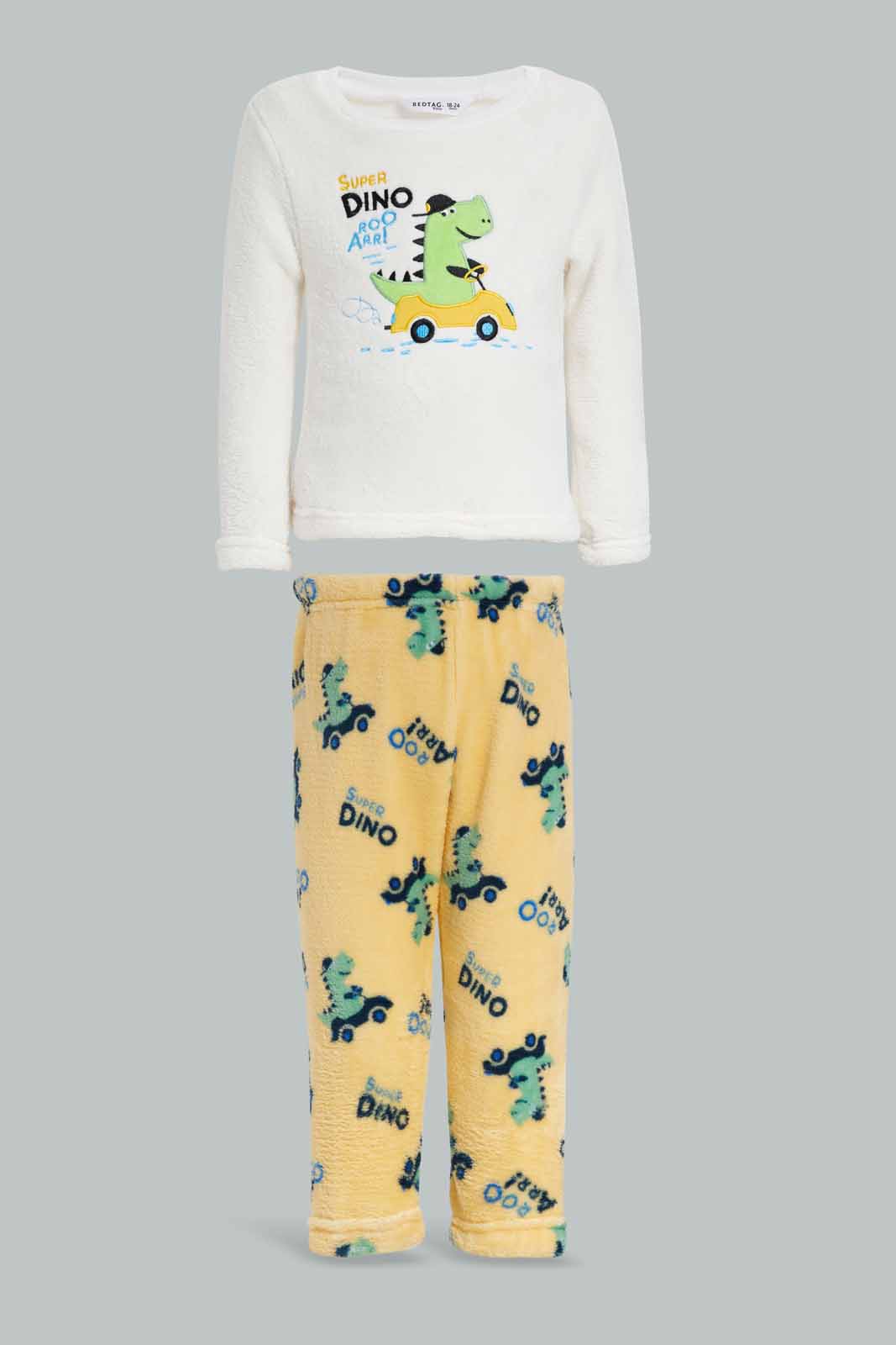 Redtag-ECRU-Dino-Fleece-top-And-Muutard-AOP-Bottom-2-Pack-PJ-Set-Category:Pyjama-Sets,-Colour:Ecru,-Deals:New-In,-Filter:Infant-Boys-(3-to-24-Mths),-INB-Pyjama-Sets,-New-In-INB-APL,-Non-Sale,-Section:Boys-(0-to-14Yrs),-W22B-Infant-Boys-3 to 24 Months