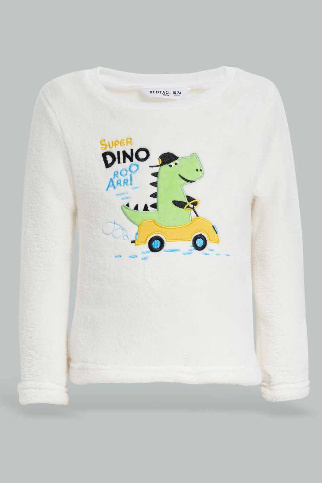 Redtag-ECRU-Dino-Fleece-top-And-Muutard-AOP-Bottom-2-Pack-PJ-Set-Category:Pyjama-Sets,-Colour:Ecru,-Deals:New-In,-Filter:Infant-Boys-(3-to-24-Mths),-INB-Pyjama-Sets,-New-In-INB-APL,-Non-Sale,-Section:Boys-(0-to-14Yrs),-W22B-Infant-Boys-3 to 24 Months
