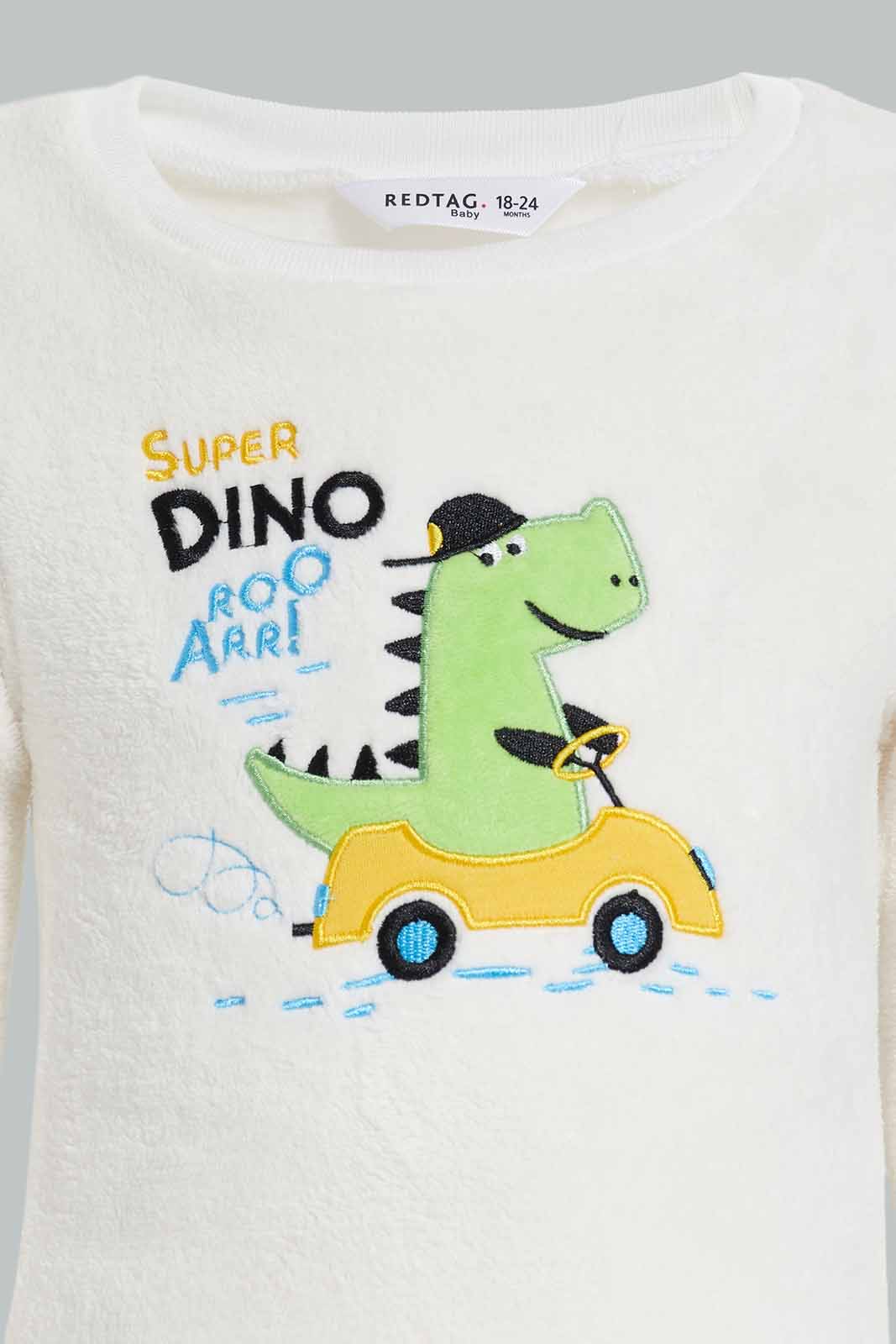 Redtag-ECRU-Dino-Fleece-top-And-Muutard-AOP-Bottom-2-Pack-PJ-Set-Category:Pyjama-Sets,-Colour:Ecru,-Deals:New-In,-Filter:Infant-Boys-(3-to-24-Mths),-INB-Pyjama-Sets,-New-In-INB-APL,-Non-Sale,-Section:Boys-(0-to-14Yrs),-W22B-Infant-Boys-3 to 24 Months