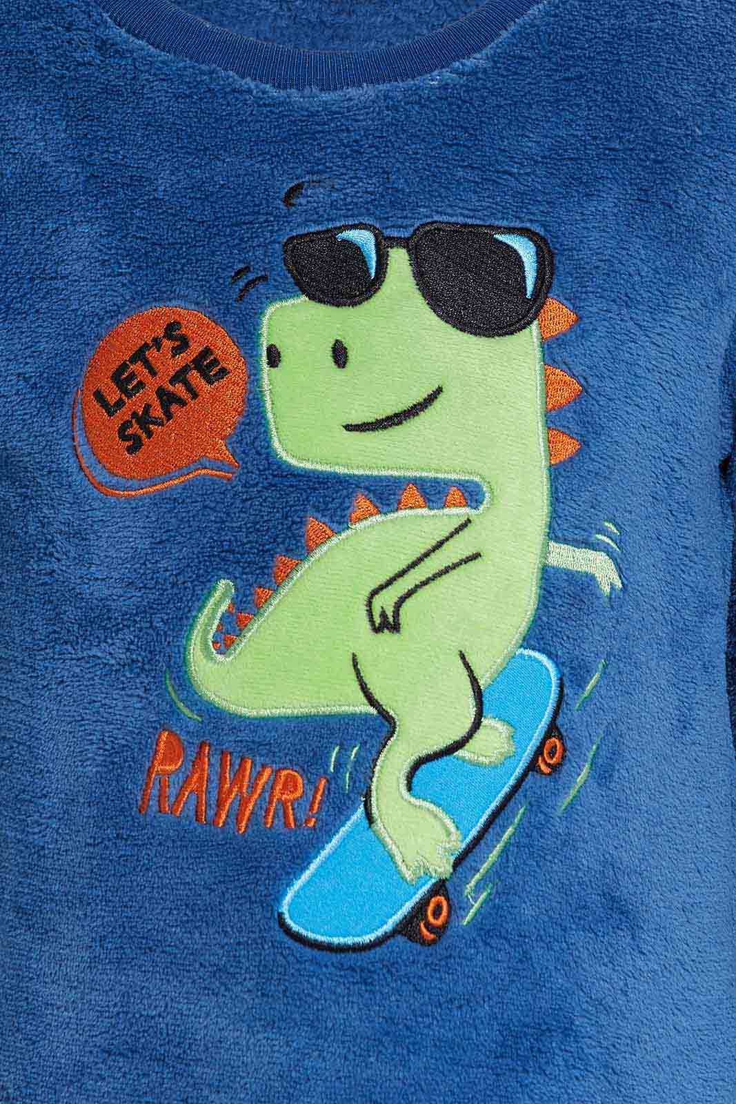 Redtag-Blue-Dino-Fleece-Top-And-Orange-AOP-Bottom-2-Pack-PJ-Set-Category:Pyjama-Sets,-Colour:Blue,-Deals:New-In,-Filter:Infant-Boys-(3-to-24-Mths),-INB-Pyjama-Sets,-New-In-INB-APL,-Non-Sale,-Section:Boys-(0-to-14Yrs),-W22B-Infant-Boys-3 to 24 Months
