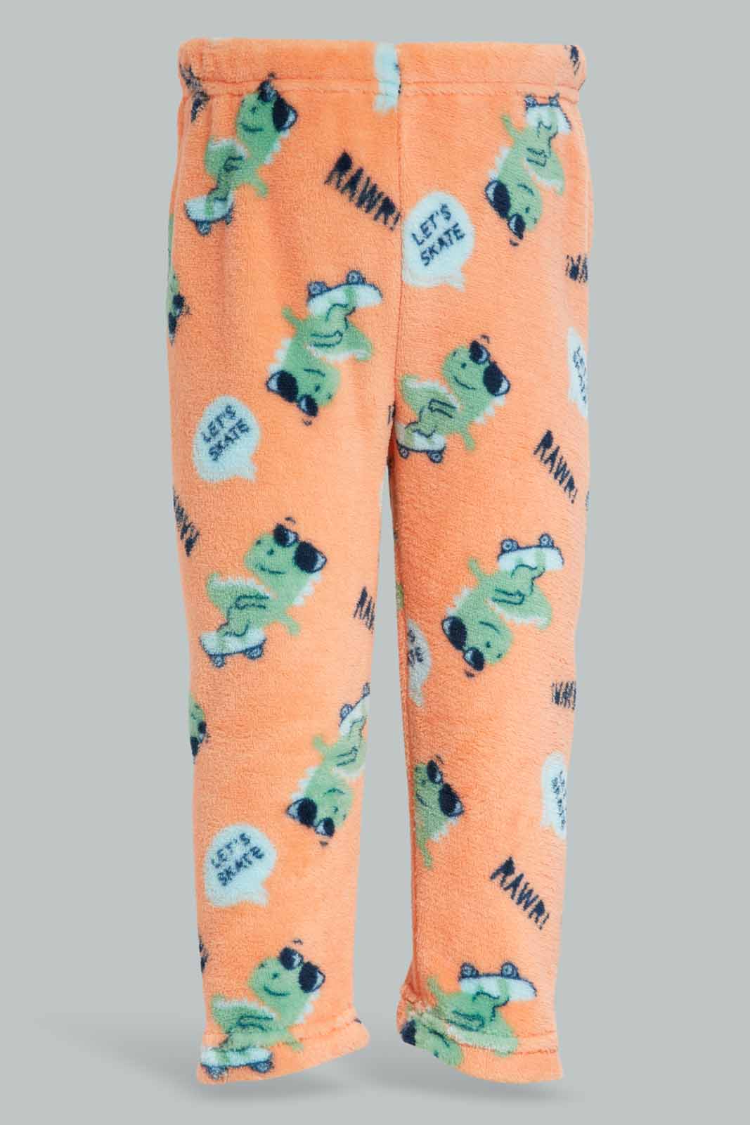 Redtag-Blue-Dino-Fleece-Top-And-Orange-AOP-Bottom-2-Pack-PJ-Set-Category:Pyjama-Sets,-Colour:Blue,-Deals:New-In,-Filter:Infant-Boys-(3-to-24-Mths),-INB-Pyjama-Sets,-New-In-INB-APL,-Non-Sale,-Section:Boys-(0-to-14Yrs),-W22B-Infant-Boys-3 to 24 Months