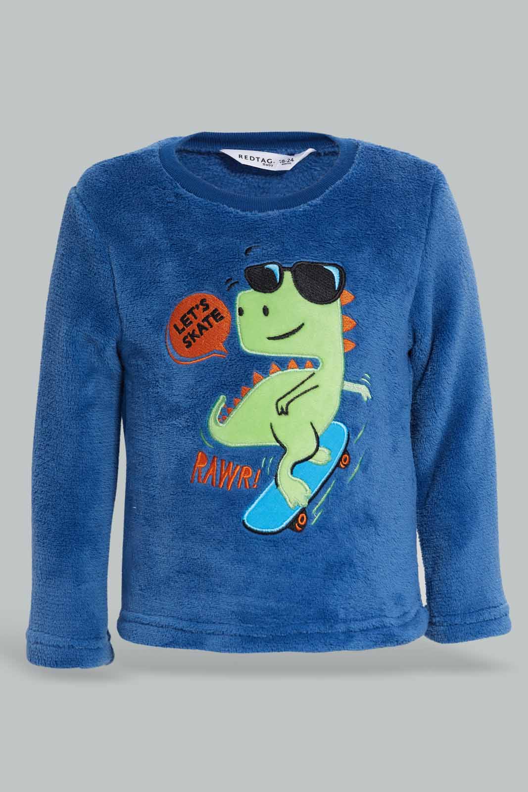Redtag-Blue-Dino-Fleece-Top-And-Orange-AOP-Bottom-2-Pack-PJ-Set-Category:Pyjama-Sets,-Colour:Blue,-Deals:New-In,-Filter:Infant-Boys-(3-to-24-Mths),-INB-Pyjama-Sets,-New-In-INB-APL,-Non-Sale,-Section:Boys-(0-to-14Yrs),-W22B-Infant-Boys-3 to 24 Months