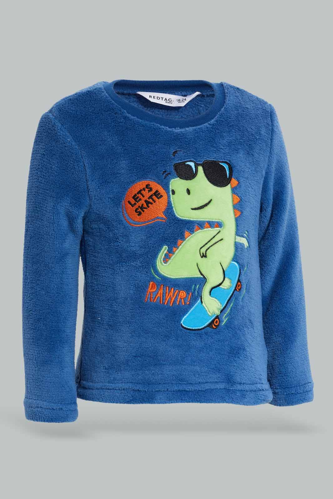 Redtag-Blue-Dino-Fleece-Top-And-Orange-AOP-Bottom-2-Pack-PJ-Set-Category:Pyjama-Sets,-Colour:Blue,-Deals:New-In,-Filter:Infant-Boys-(3-to-24-Mths),-INB-Pyjama-Sets,-New-In-INB-APL,-Non-Sale,-Section:Boys-(0-to-14Yrs),-W22B-Infant-Boys-3 to 24 Months