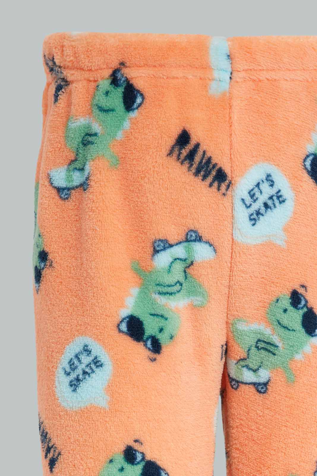 Redtag-Blue-Dino-Fleece-Top-And-Orange-AOP-Bottom-2-Pack-PJ-Set-Category:Pyjama-Sets,-Colour:Blue,-Deals:New-In,-Filter:Infant-Boys-(3-to-24-Mths),-INB-Pyjama-Sets,-New-In-INB-APL,-Non-Sale,-Section:Boys-(0-to-14Yrs),-W22B-Infant-Boys-3 to 24 Months