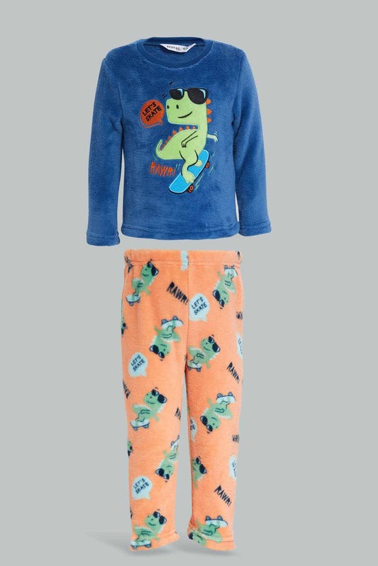 Redtag-Blue-Dino-Fleece-Top-And-Orange-AOP-Bottom-2-Pack-PJ-Set-Category:Pyjama-Sets,-Colour:Blue,-Deals:New-In,-Filter:Infant-Boys-(3-to-24-Mths),-INB-Pyjama-Sets,-New-In-INB-APL,-Non-Sale,-Section:Boys-(0-to-14Yrs),-W22B-Infant-Boys-3 to 24 Months