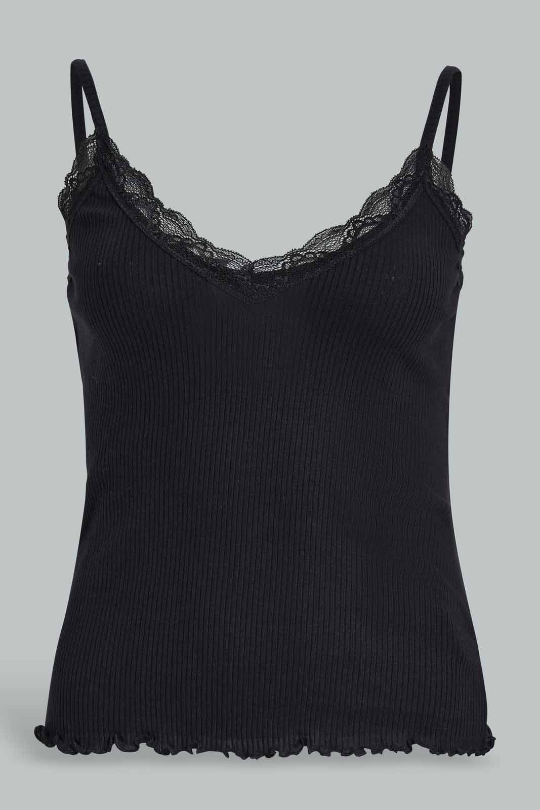 Redtag-Black-Strappy-Rib-Vest-With-Lace-Category:Vests,-Colour:Black,-Deals:New-In,-Filter:Women's-Clothing,-New-In-Women-APL,-Non-Sale,-Section:Women,-W22A,-Women-Vests-Women's-
