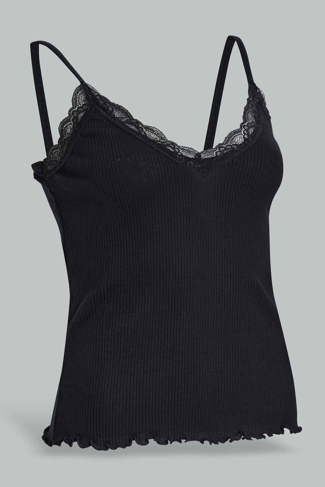 Redtag-Black-Strappy-Rib-Vest-With-Lace-Category:Vests,-Colour:Black,-Deals:New-In,-Filter:Women's-Clothing,-New-In-Women-APL,-Non-Sale,-Section:Women,-W22A,-Women-Vests-Women's-