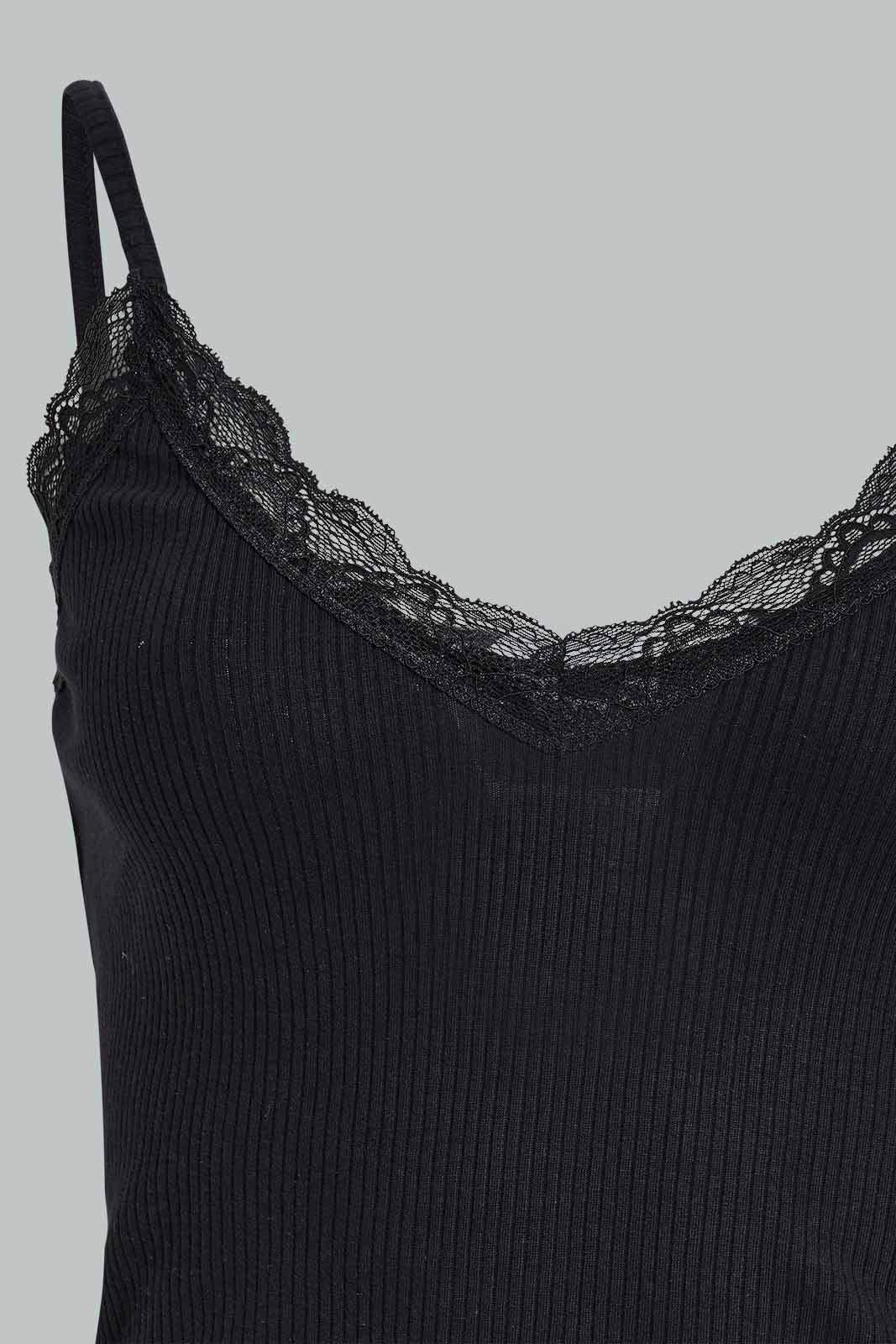 Redtag-Black-Strappy-Rib-Vest-With-Lace-Category:Vests,-Colour:Black,-Deals:New-In,-Filter:Women's-Clothing,-New-In-Women-APL,-Non-Sale,-Section:Women,-W22A,-Women-Vests-Women's-