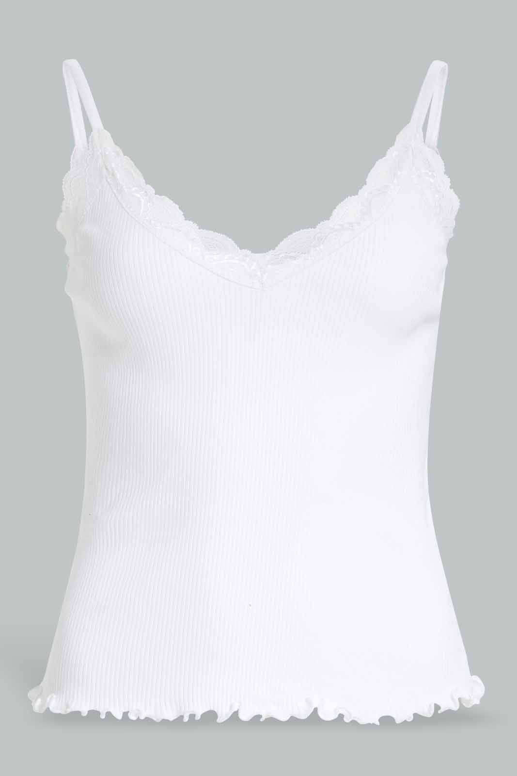 Redtag-White-Strappy-Rib-Vest-With-Lace-Category:Vests,-Colour:White,-Deals:New-In,-Filter:Women's-Clothing,-New-In-Women-APL,-Non-Sale,-Section:Women,-W22A,-Women-Vests-Women's-