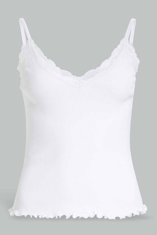 Redtag-White-Strappy-Rib-Vest-With-Lace-Category:Vests,-Colour:White,-Deals:New-In,-Filter:Women's-Clothing,-New-In-Women-APL,-Non-Sale,-Section:Women,-W22A,-Women-Vests-Women's-