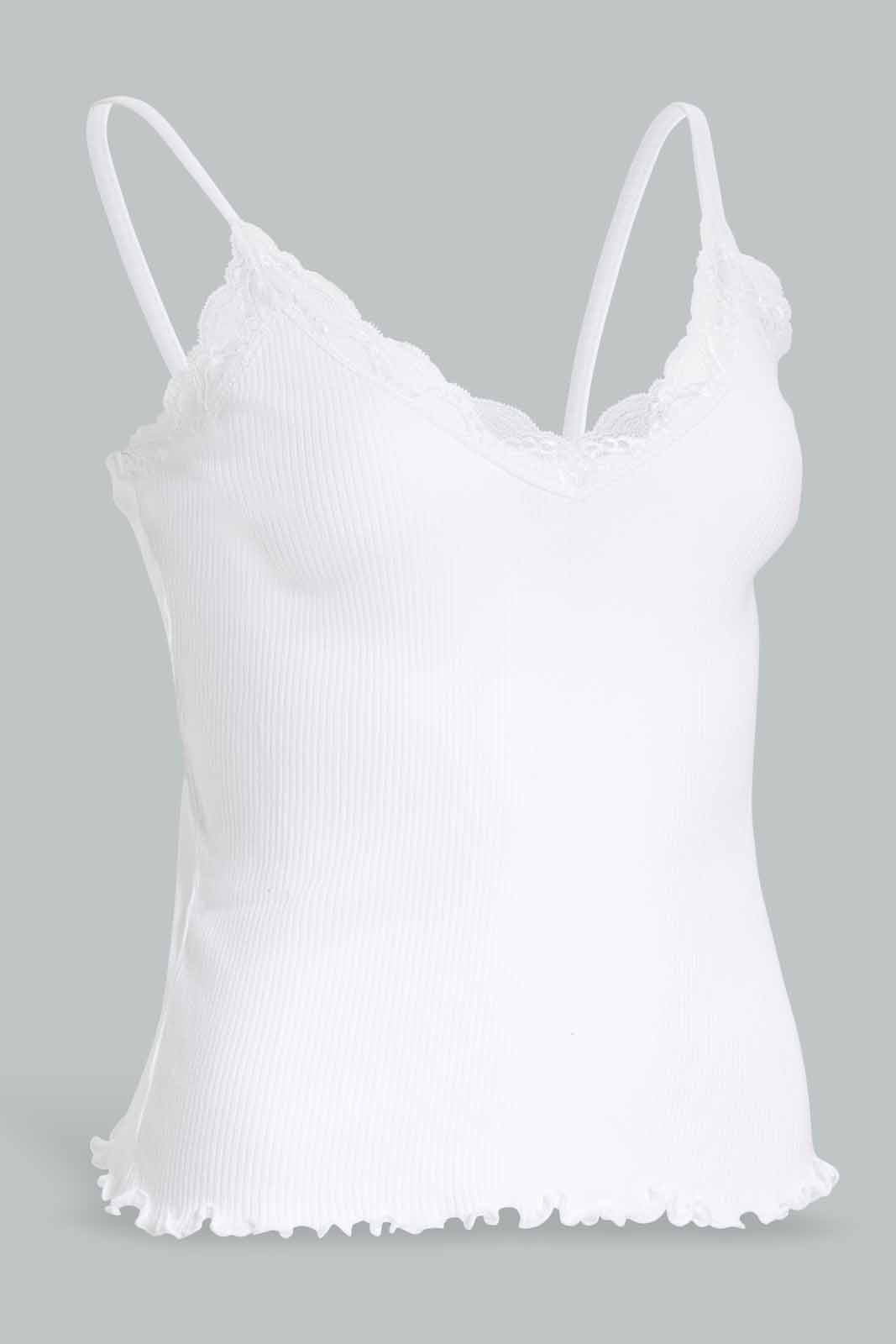 Redtag-White-Strappy-Rib-Vest-With-Lace-Category:Vests,-Colour:White,-Deals:New-In,-Filter:Women's-Clothing,-New-In-Women-APL,-Non-Sale,-Section:Women,-W22A,-Women-Vests-Women's-