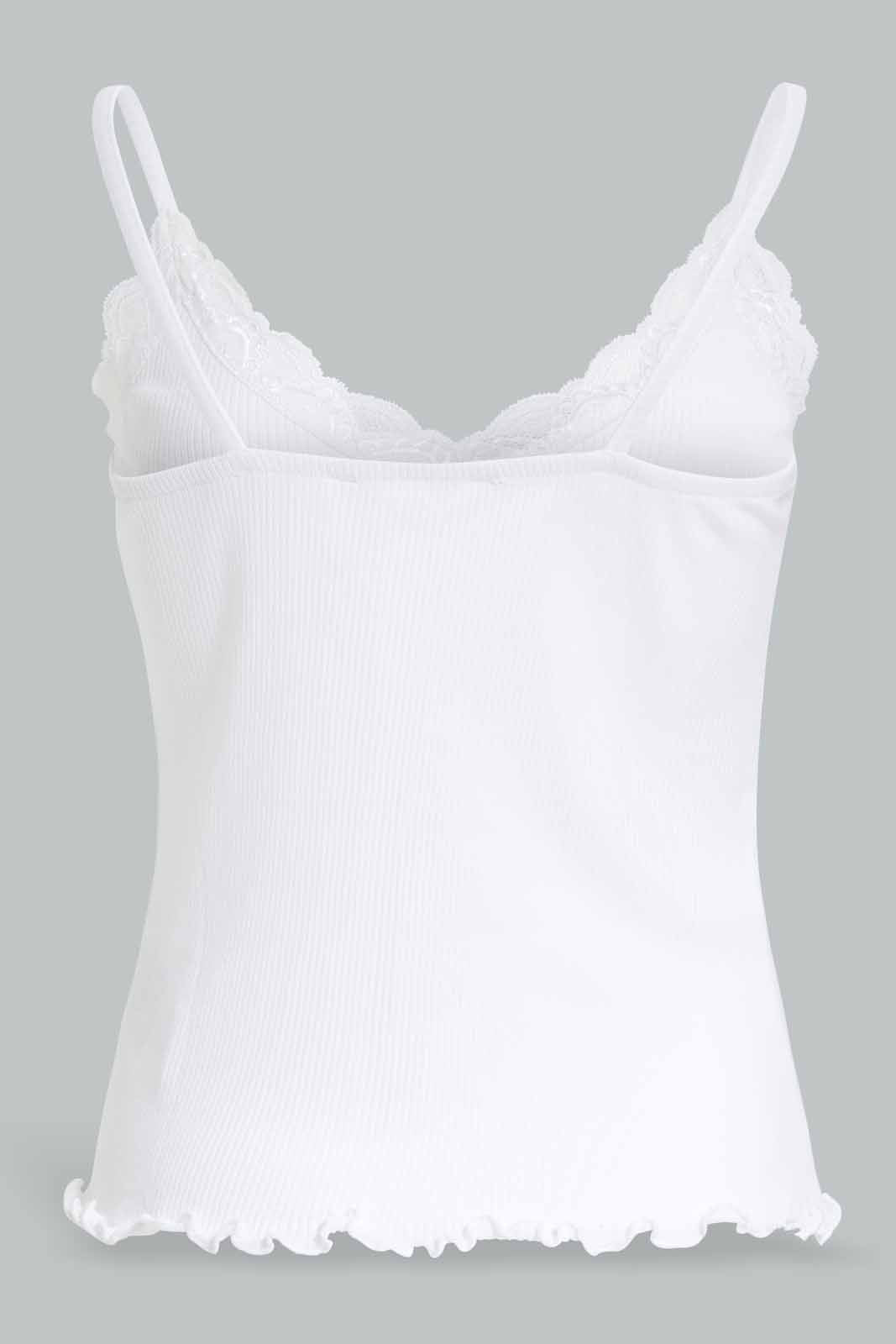Redtag-White-Strappy-Rib-Vest-With-Lace-Category:Vests,-Colour:White,-Deals:New-In,-Filter:Women's-Clothing,-New-In-Women-APL,-Non-Sale,-Section:Women,-W22A,-Women-Vests-Women's-