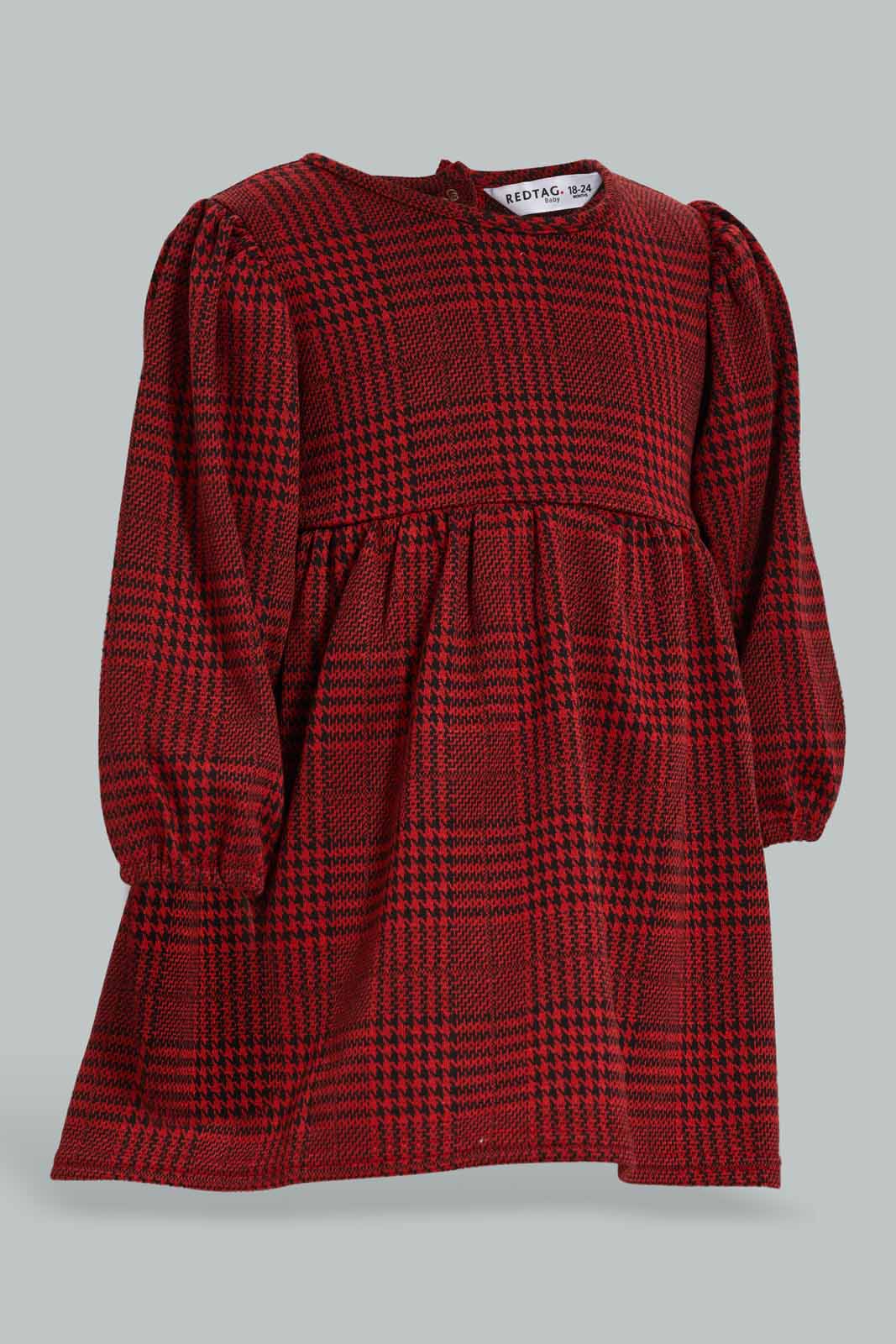 Redtag-Burgandy-Checks-Puff-Sleeves-Dress-Category:Dresses,-Colour:Burgundy,-Deals:New-In,-Filter:Infant-Girls-(3-to-24-Mths),-ING-Dresses,-New-In-ING-APL,-Non-Sale,-Section:Girls-(0-to-14Yrs),-VLM,-W22B-Infant-Girls-3 to 24 Months