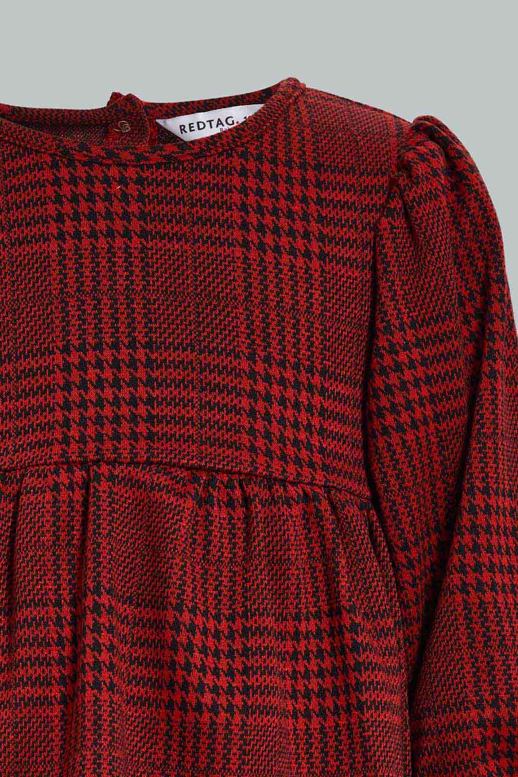 Redtag-Burgandy-Checks-Puff-Sleeves-Dress-Category:Dresses,-Colour:Burgundy,-Deals:New-In,-Filter:Infant-Girls-(3-to-24-Mths),-ING-Dresses,-New-In-ING-APL,-Non-Sale,-Section:Girls-(0-to-14Yrs),-VLM,-W22B-Infant-Girls-3 to 24 Months