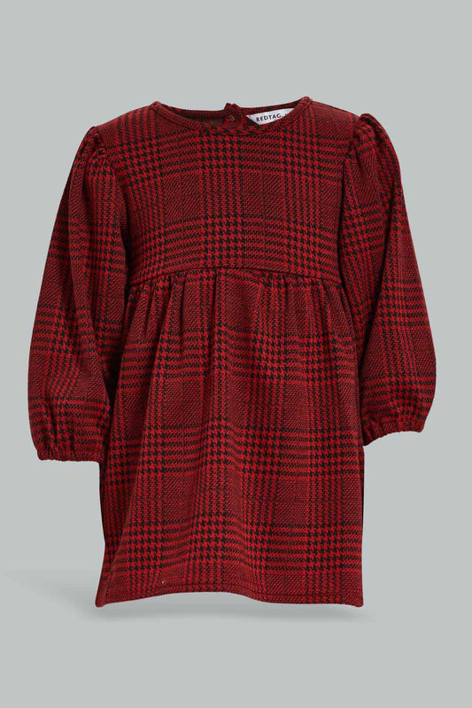 Redtag-Burgandy-Checks-Puff-Sleeves-Dress-Category:Dresses,-Colour:Burgundy,-Deals:New-In,-Filter:Infant-Girls-(3-to-24-Mths),-ING-Dresses,-New-In-ING-APL,-Non-Sale,-Section:Girls-(0-to-14Yrs),-VLM,-W22B-Infant-Girls-3 to 24 Months