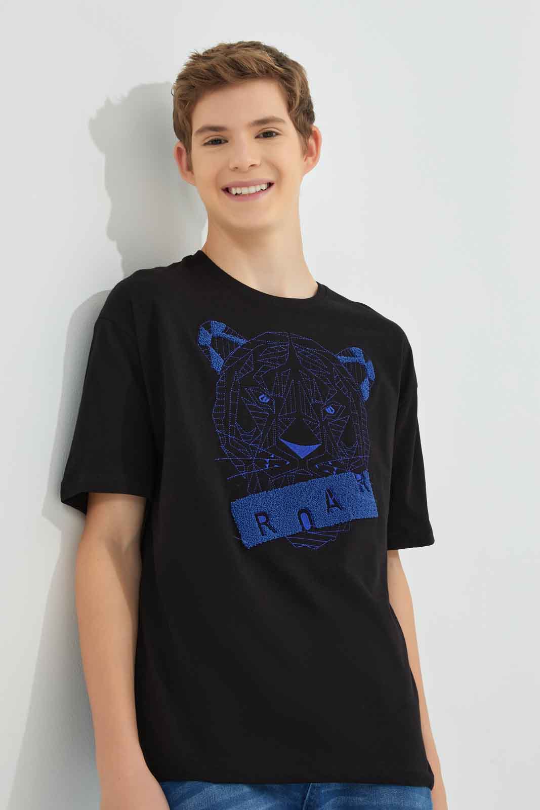Redtag-Black-Tiger-Towel-Applique-Tee-BSR-T-Shirts,-BTS,-Category:T-Shirts,-Colour:Black,-Deals:New-In,-Dept:Boys,-Filter:Senior-Boys-(8-to-14-Yrs),-New-In-BSR-APL,-Non-Sale,-Section:Boys-(0-to-14Yrs),-W22B-Senior-Boys-9 to 14 Years