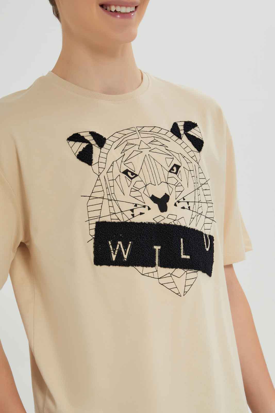 Redtag-Beige-Tiger-Towel-Applique-Tee-BSR-T-Shirts,-Category:T-Shirts,-Colour:Beige,-Deals:New-In,-Dept:Boys,-Filter:Senior-Boys-(8-to-14-Yrs),-New-In-BSR-APL,-Non-Sale,-Section:Boys-(0-to-14Yrs),-W22B-Senior-Boys-9 to 14 Years