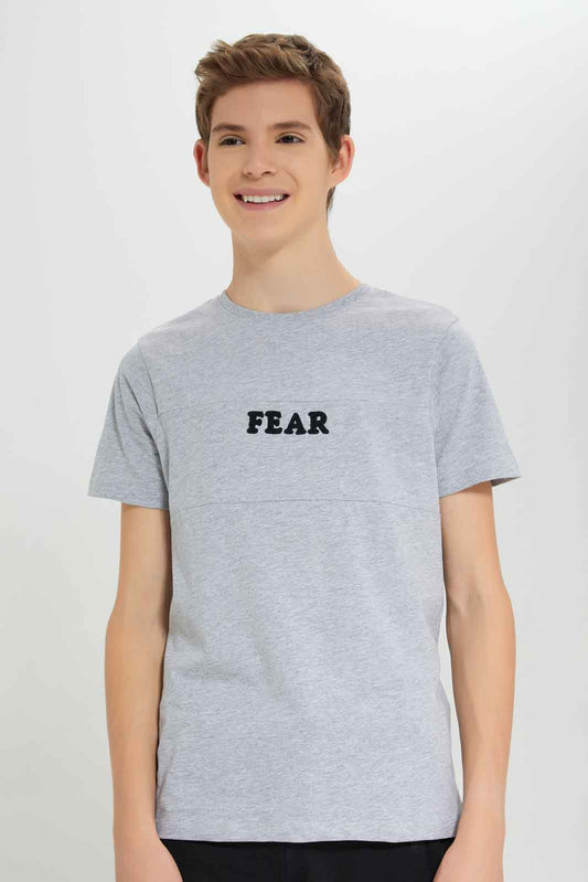 Redtag-Grey-Mel-Fear-Cut-&-Sew-Tee-BSR-T-Shirts,-Category:T-Shirts,-Colour:Grey,-Deals:New-In,-Dept:Boys,-Filter:Senior-Boys-(8-to-14-Yrs),-New-In-BSR-APL,-Non-Sale,-Section:Boys-(0-to-14Yrs),-W22B-Senior-Boys-9 to 14 Years