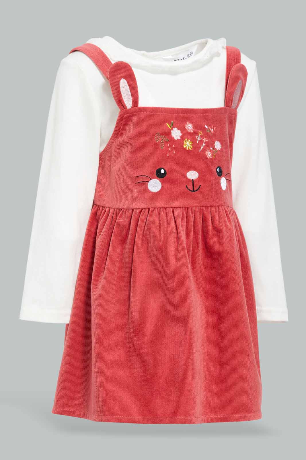 Redtag-Red-Corduroy-Dungree-Dress-With-Solid-Ivony-T-Shirt-Category:Dresses,-Colour:Red,-Deals:New-In,-Filter:Infant-Girls-(3-to-24-Mths),-ING-Dresses,-New-In-ING-APL,-Non-Sale,-Section:Girls-(0-to-14Yrs),-W22B-Infant-Girls-
