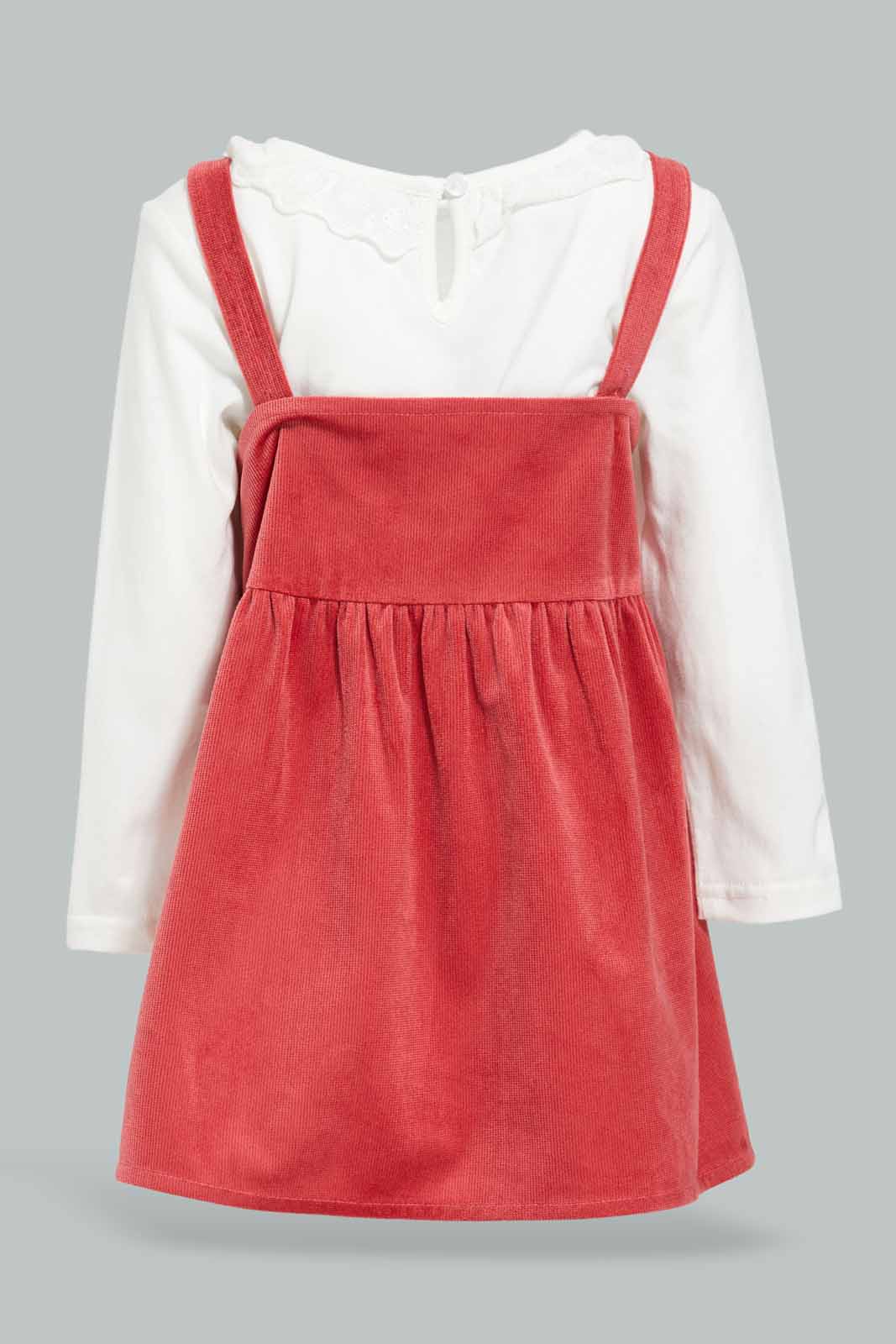 Redtag-Red-Corduroy-Dungree-Dress-With-Solid-Ivony-T-Shirt-Category:Dresses,-Colour:Red,-Deals:New-In,-Filter:Infant-Girls-(3-to-24-Mths),-ING-Dresses,-New-In-ING-APL,-Non-Sale,-Section:Girls-(0-to-14Yrs),-W22B-Infant-Girls-