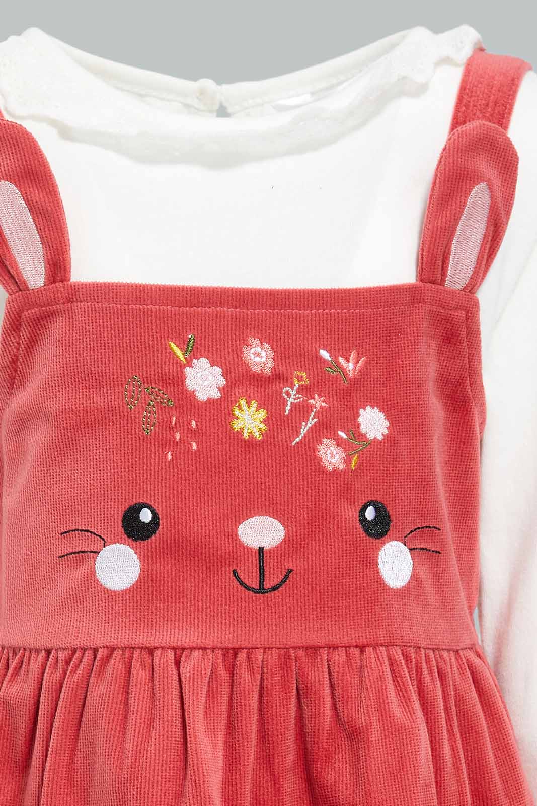 Redtag-Red-Corduroy-Dungree-Dress-With-Solid-Ivony-T-Shirt-Category:Dresses,-Colour:Red,-Deals:New-In,-Filter:Infant-Girls-(3-to-24-Mths),-ING-Dresses,-New-In-ING-APL,-Non-Sale,-Section:Girls-(0-to-14Yrs),-W22B-Infant-Girls-