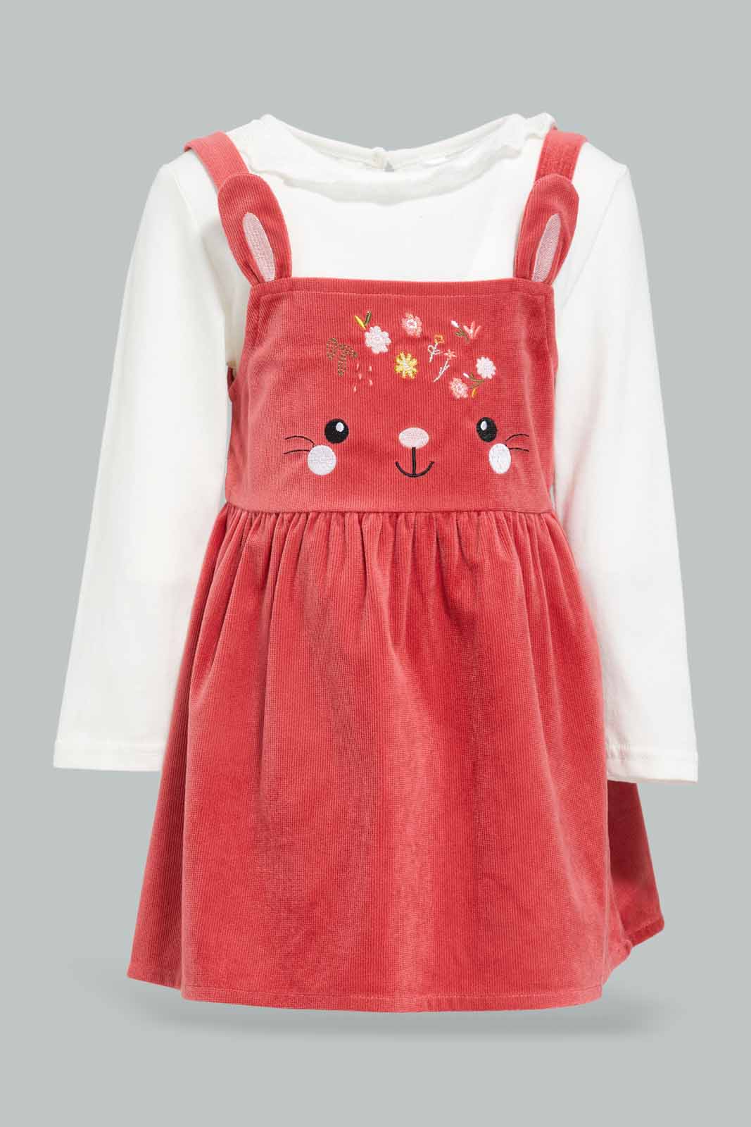 Redtag-Red-Corduroy-Dungree-Dress-With-Solid-Ivony-T-Shirt-Category:Dresses,-Colour:Red,-Deals:New-In,-Filter:Infant-Girls-(3-to-24-Mths),-ING-Dresses,-New-In-ING-APL,-Non-Sale,-Section:Girls-(0-to-14Yrs),-W22B-Infant-Girls-